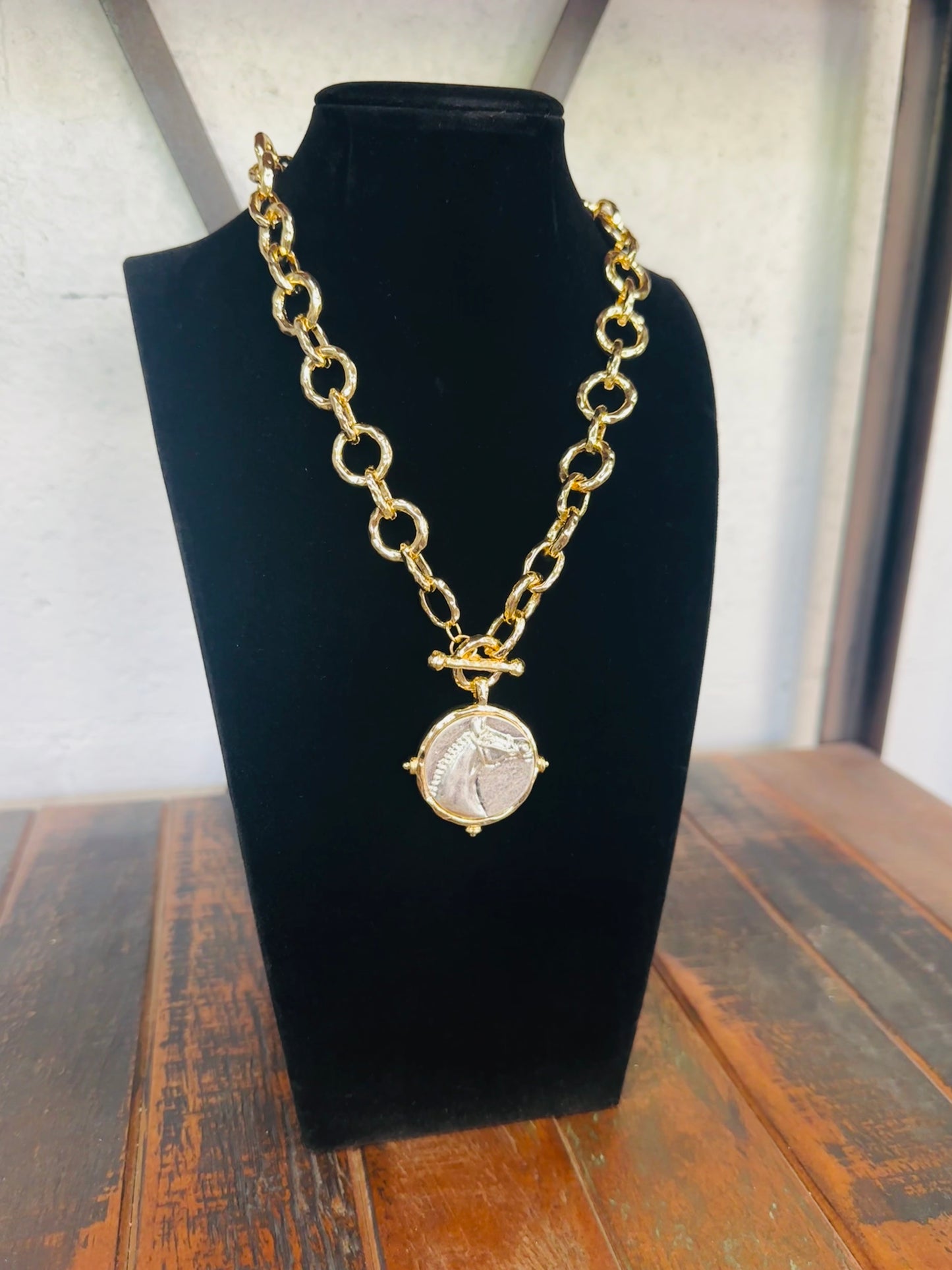 Gold + Silver Horse Round Pendant Necklace