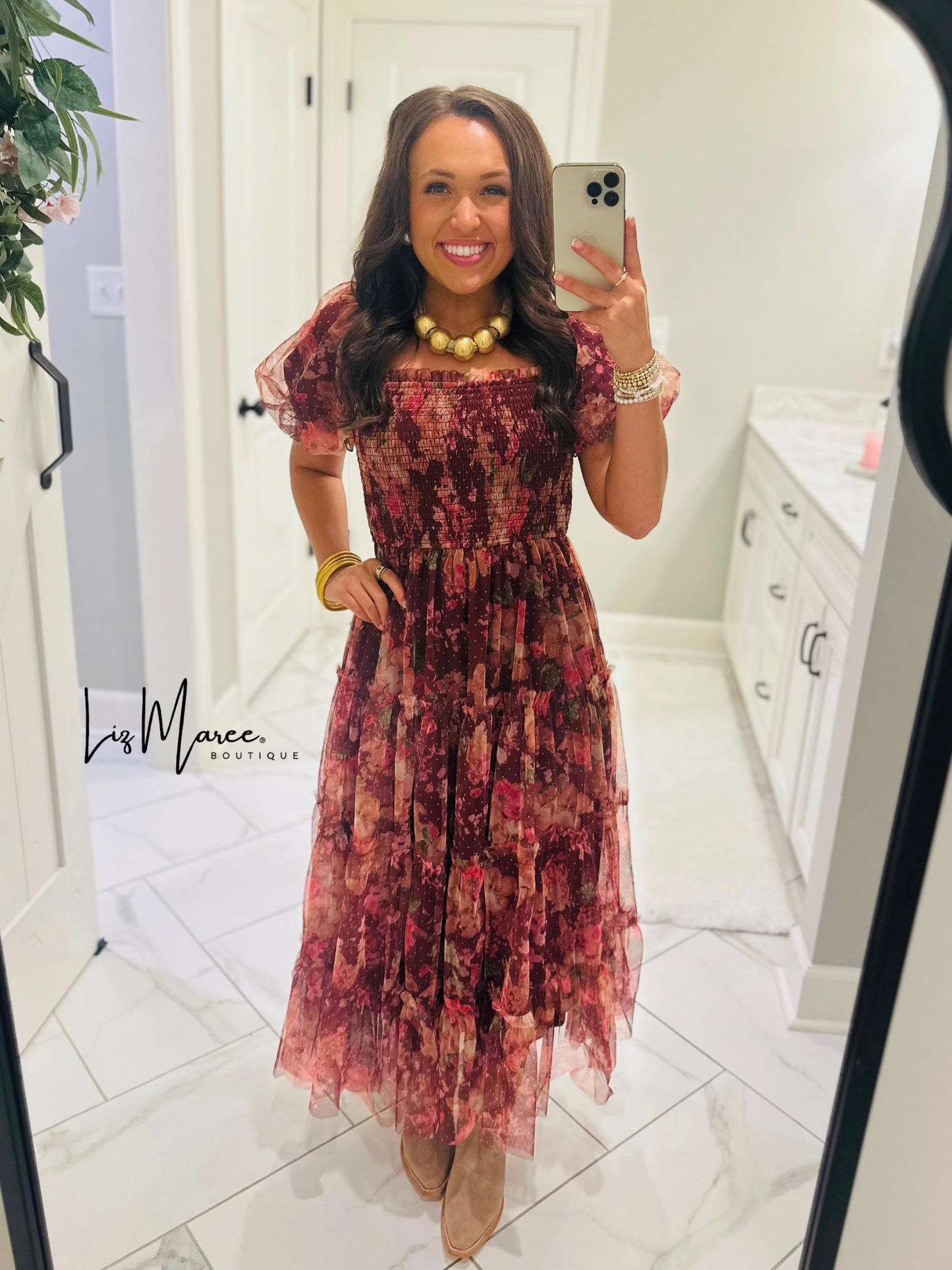 The Halston Burgundy Floral Polka Dot Midi Dress