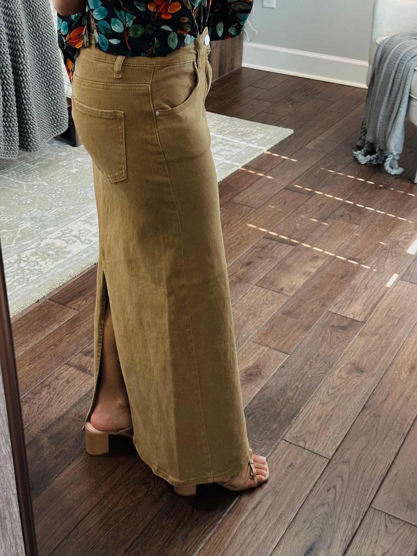 The Mocha High Rise Back Slit Long Denim Skirt