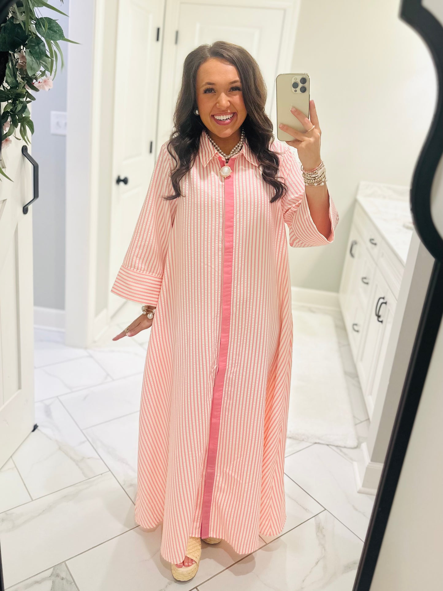 The Nora Pink Striped Midi Dress
