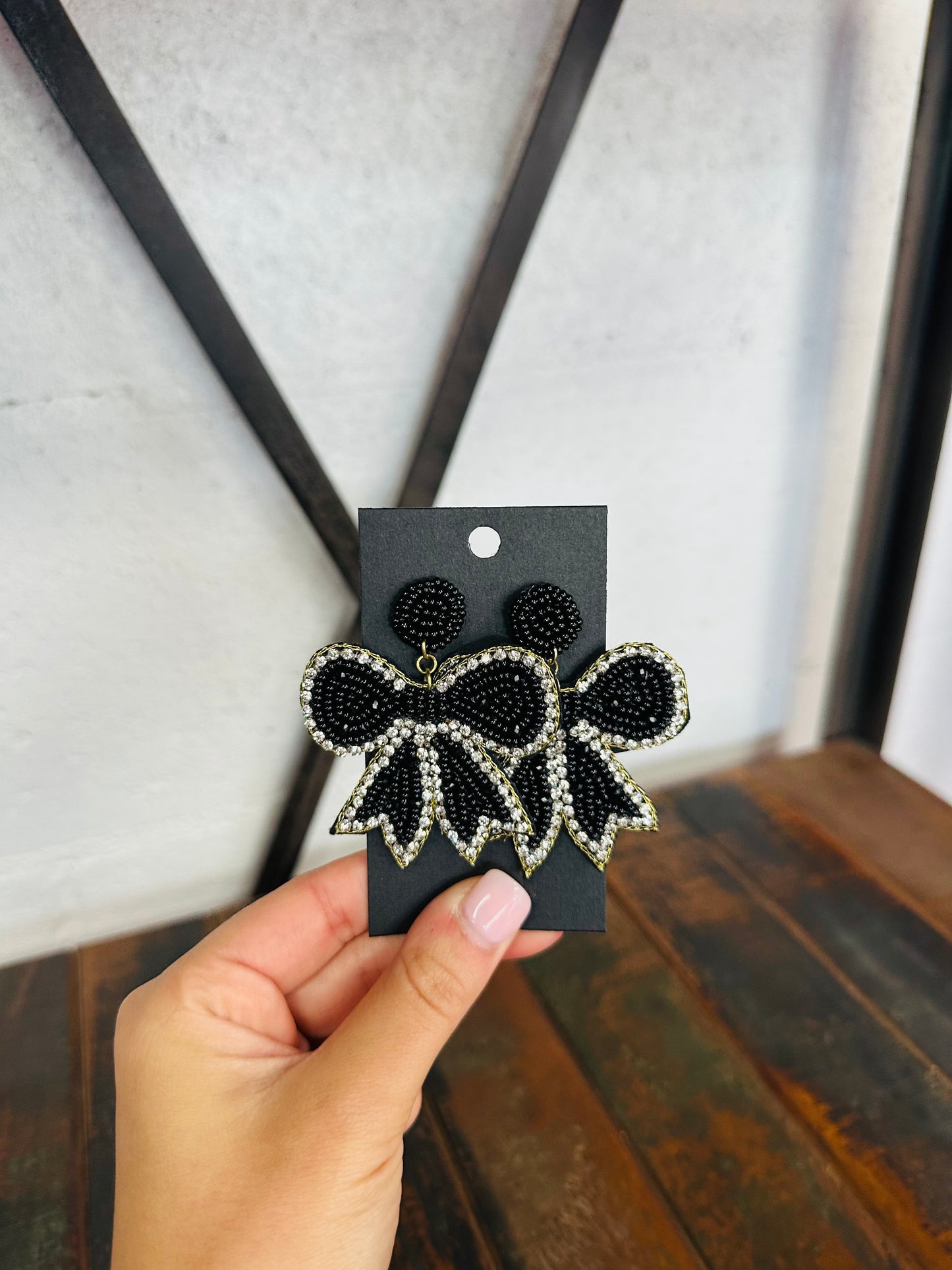 Black Beaded Bow Earring