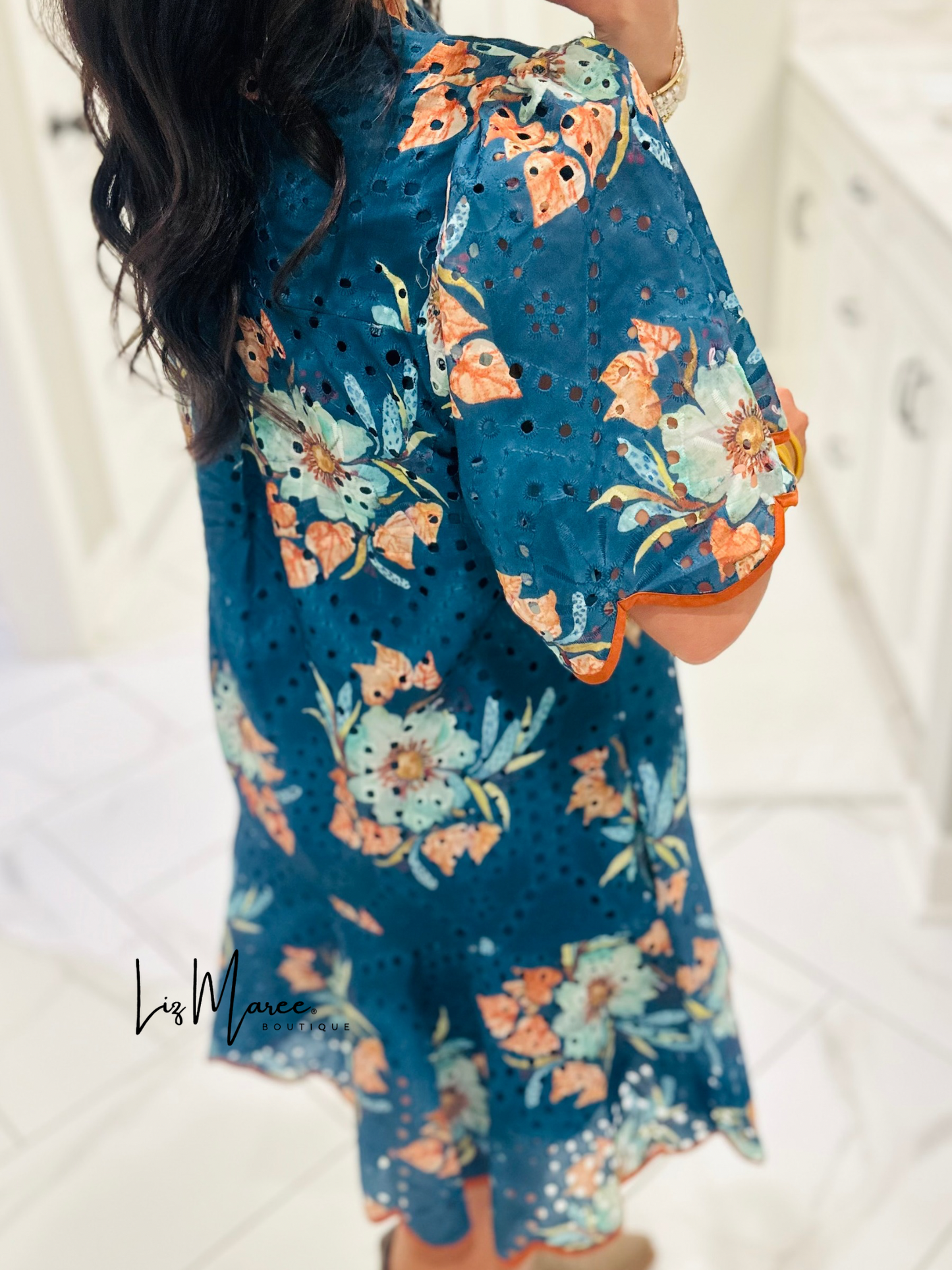 The Brinley Teal Green Floral Eyelet Scallop Dress