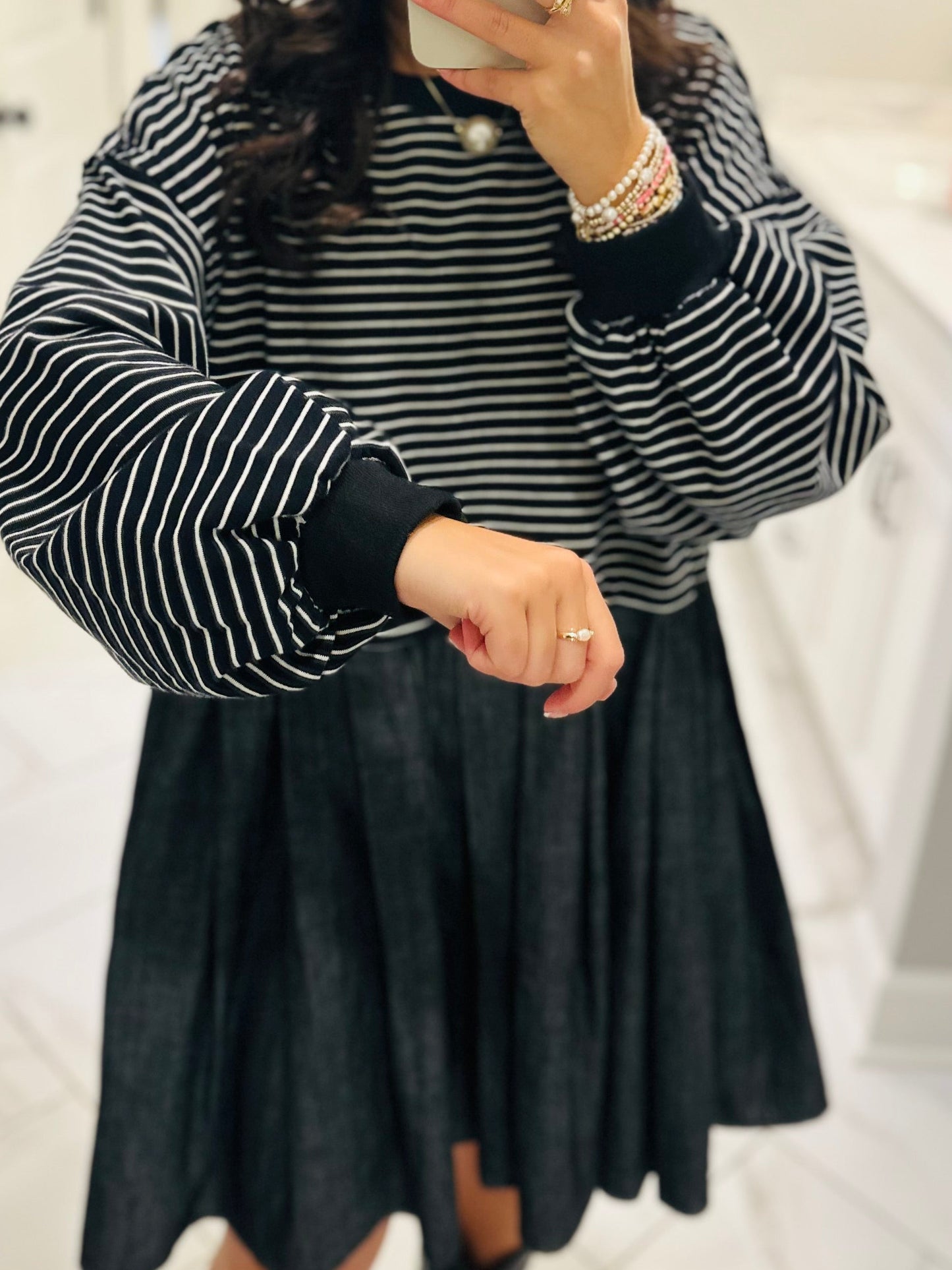 The Ella Long Sleeve Pleated Dress - Black / Denim