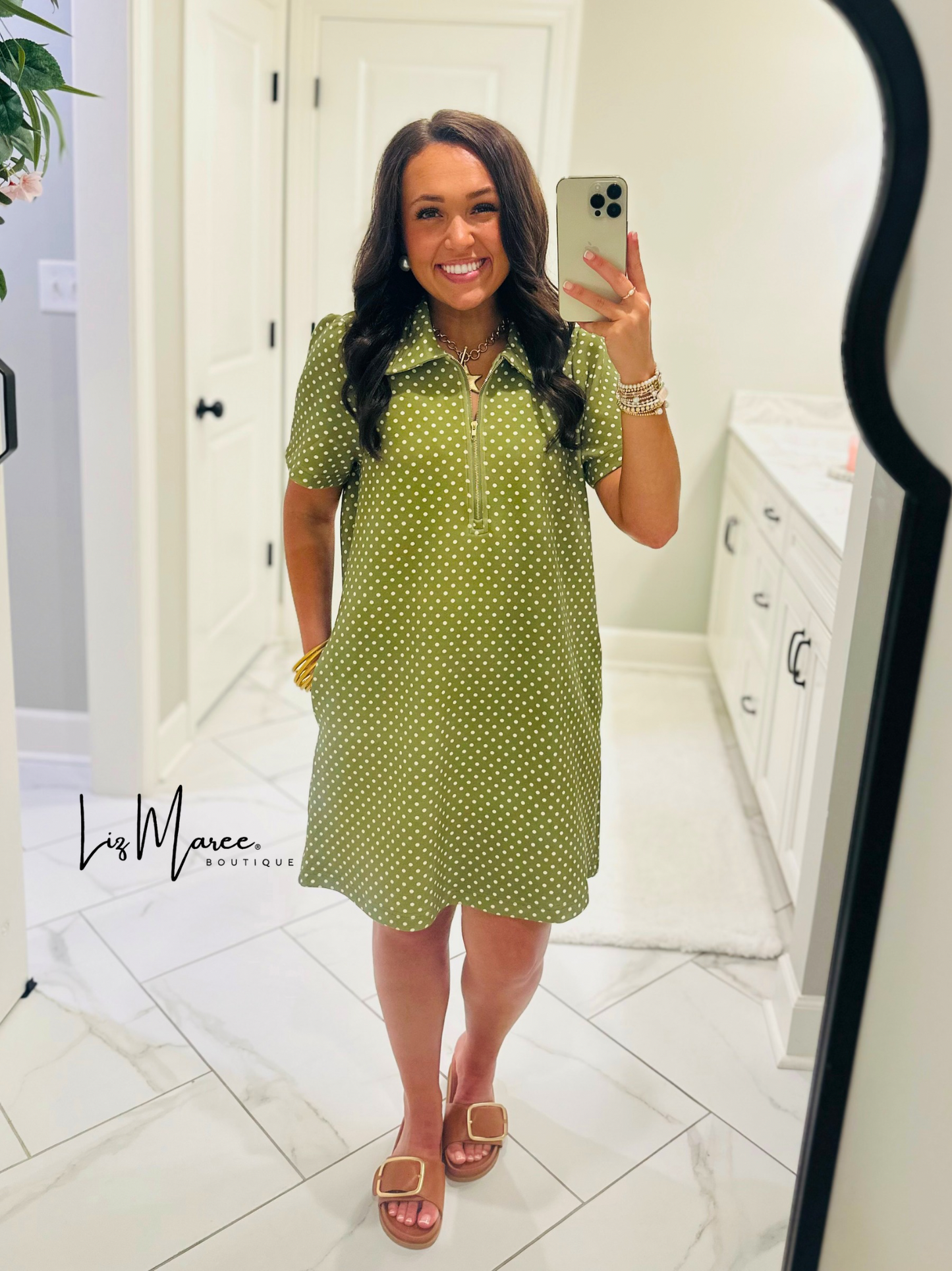 The Hadley Olive Green Polka Dot Quarter Zip Dress