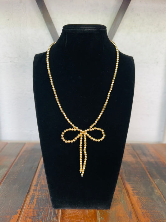 Gold Coquette Bow Beaded Necklace