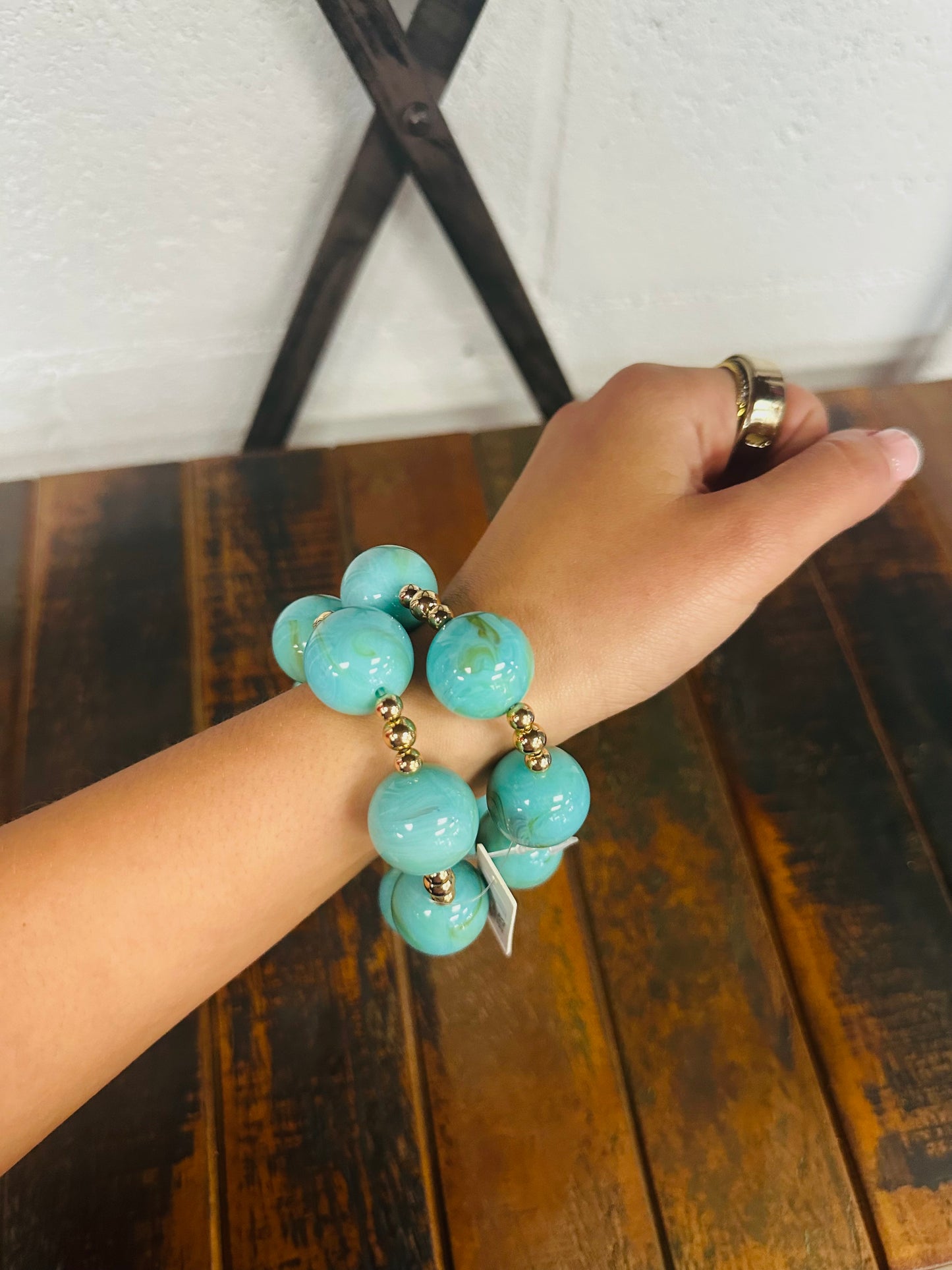 Turquoise + Gold Marble Ball Bracelet Set