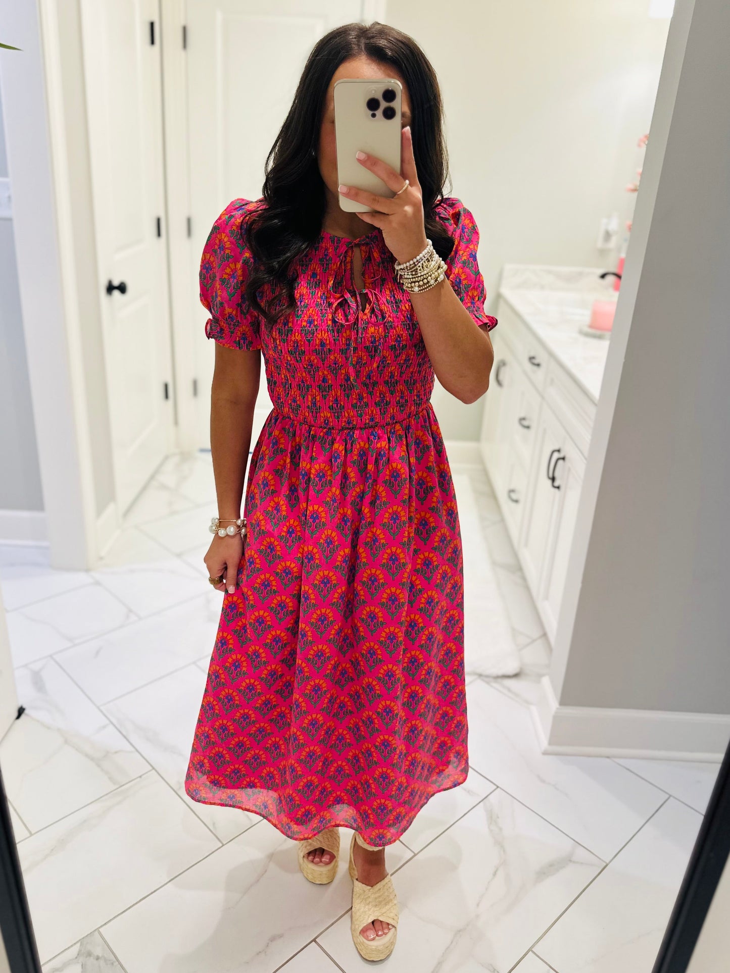 The Tamry Pink Smocked Midi Dress