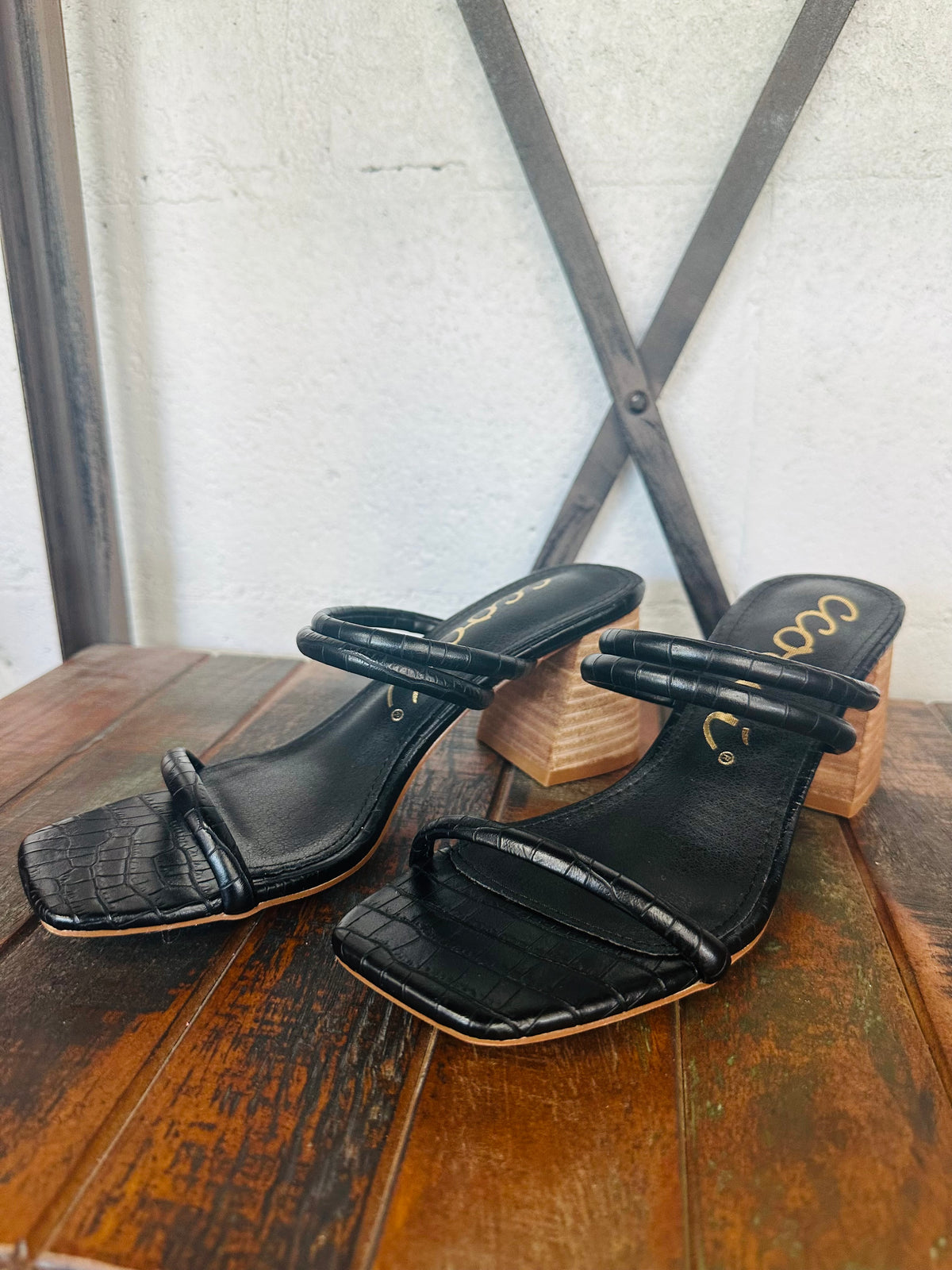 The Heather Black Croc Leather Heel