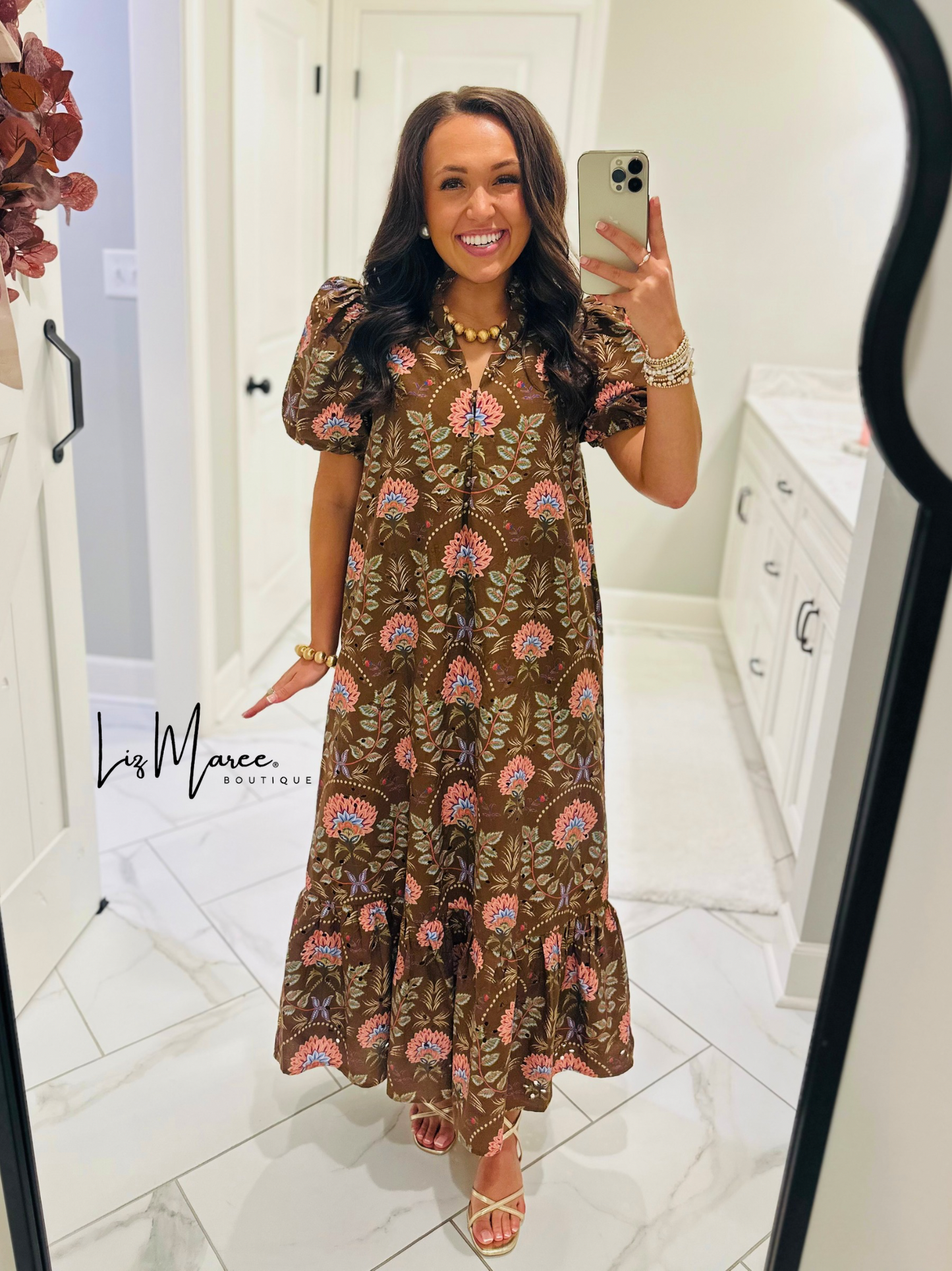 The Katherine Brown Floral Eyelet Midi Dress
