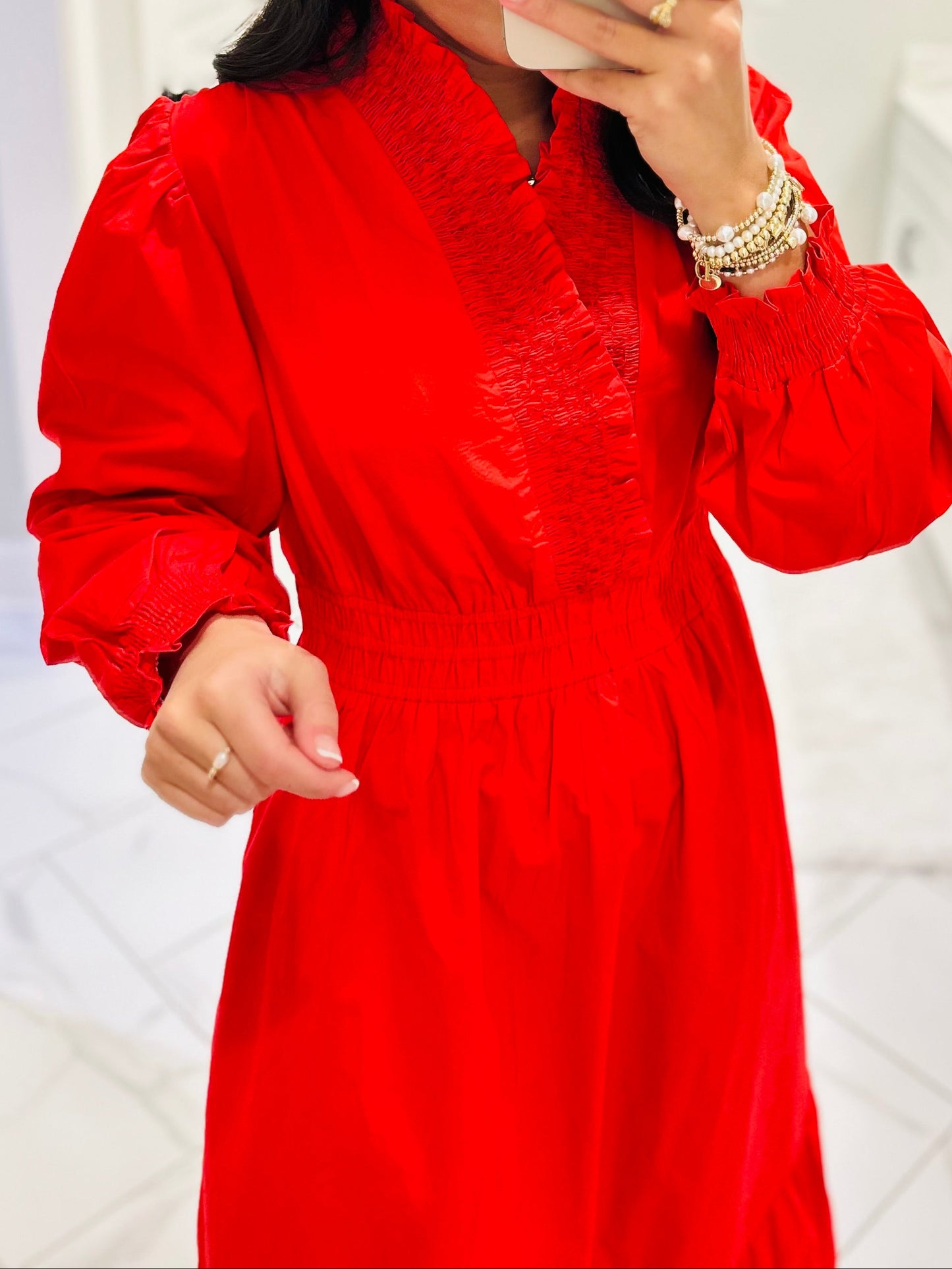 The Rudy Red Long Sleeve Midi Dress