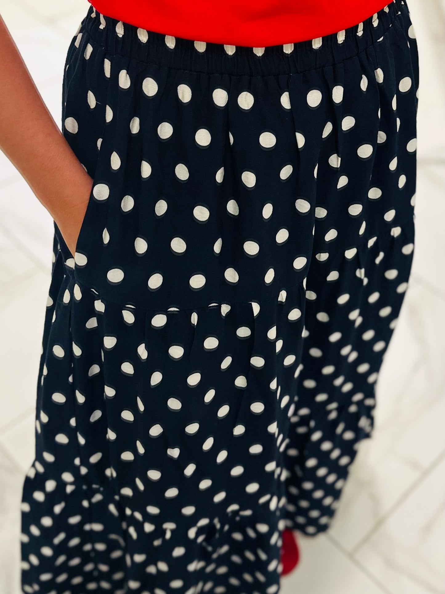 The Nanci Navy Polka Dot Tiered Midi Skirt