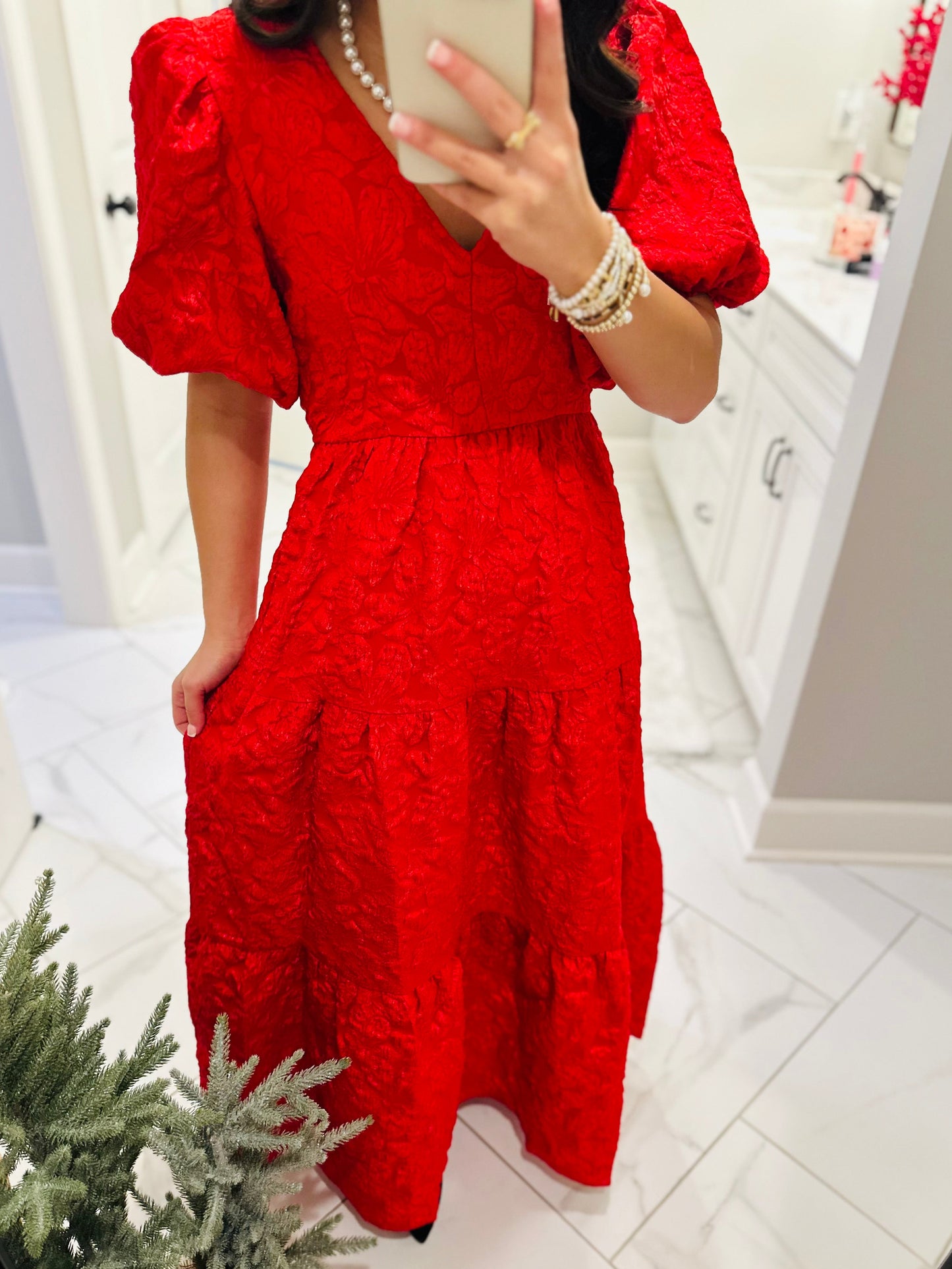 The Aria Red Jacquard Maxi Dress