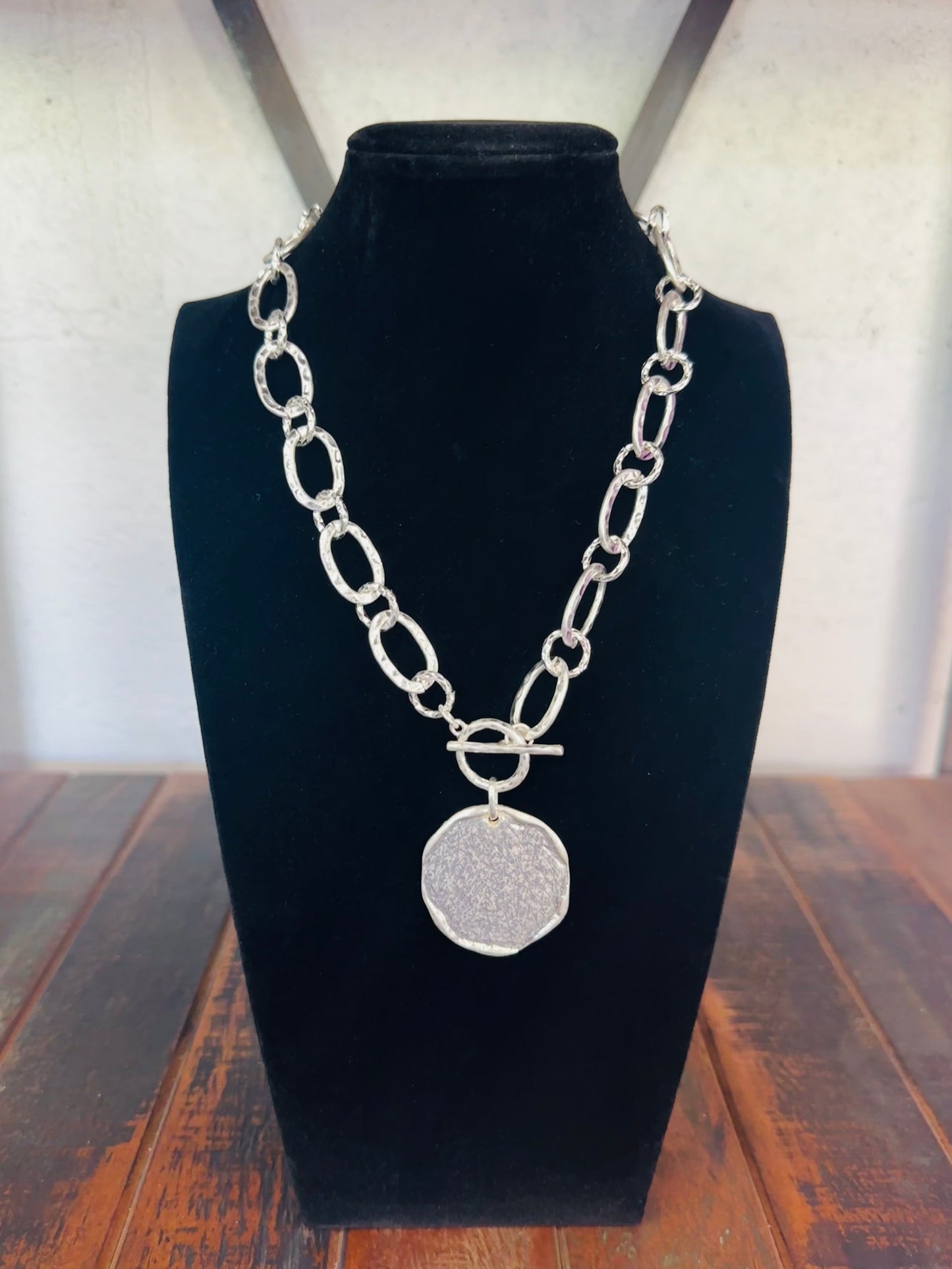 Silver Hammered Coin Charm Chain Necklace