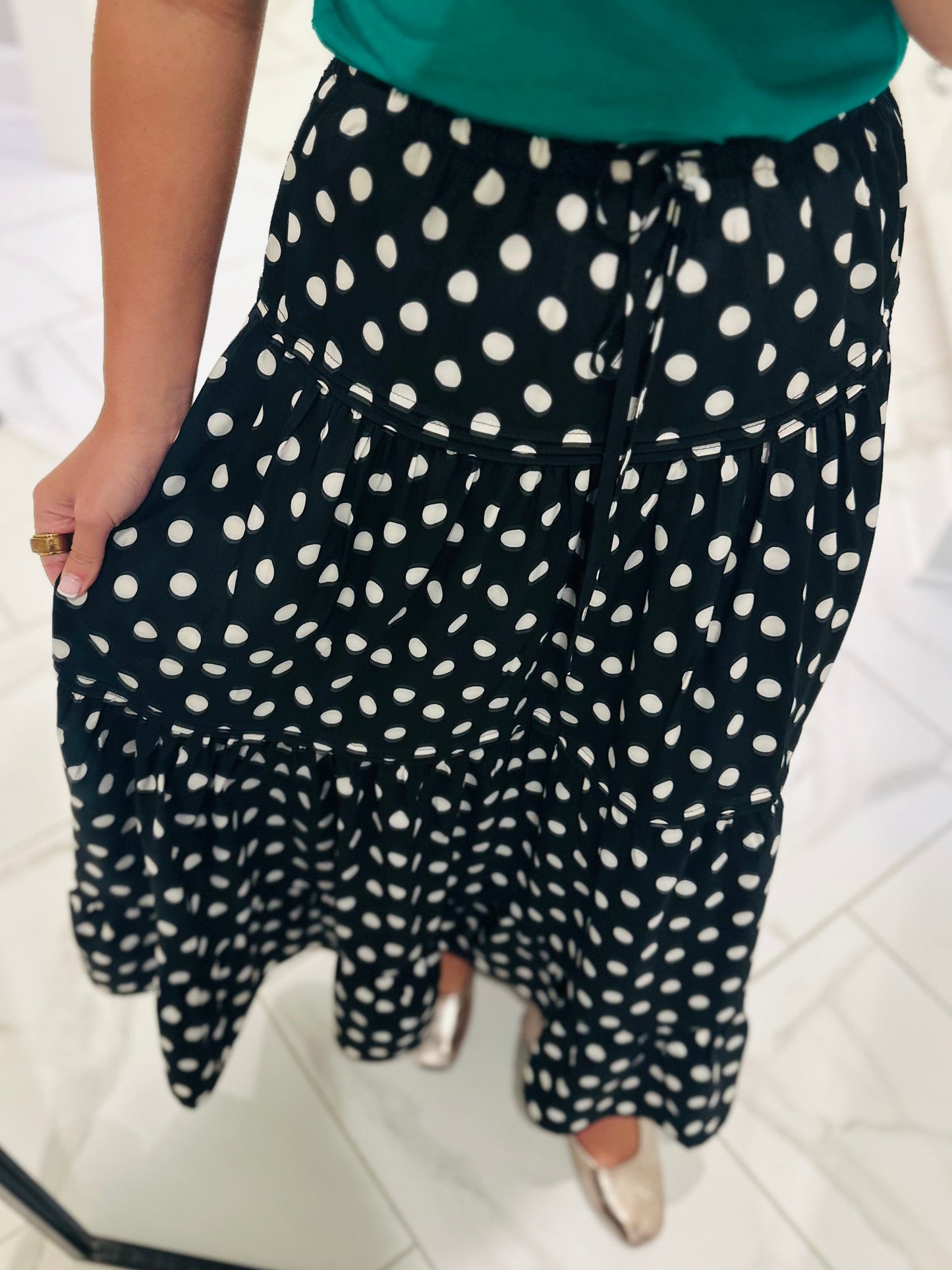 The Ryley Black Polka Dot Tiered Maxi Skirt