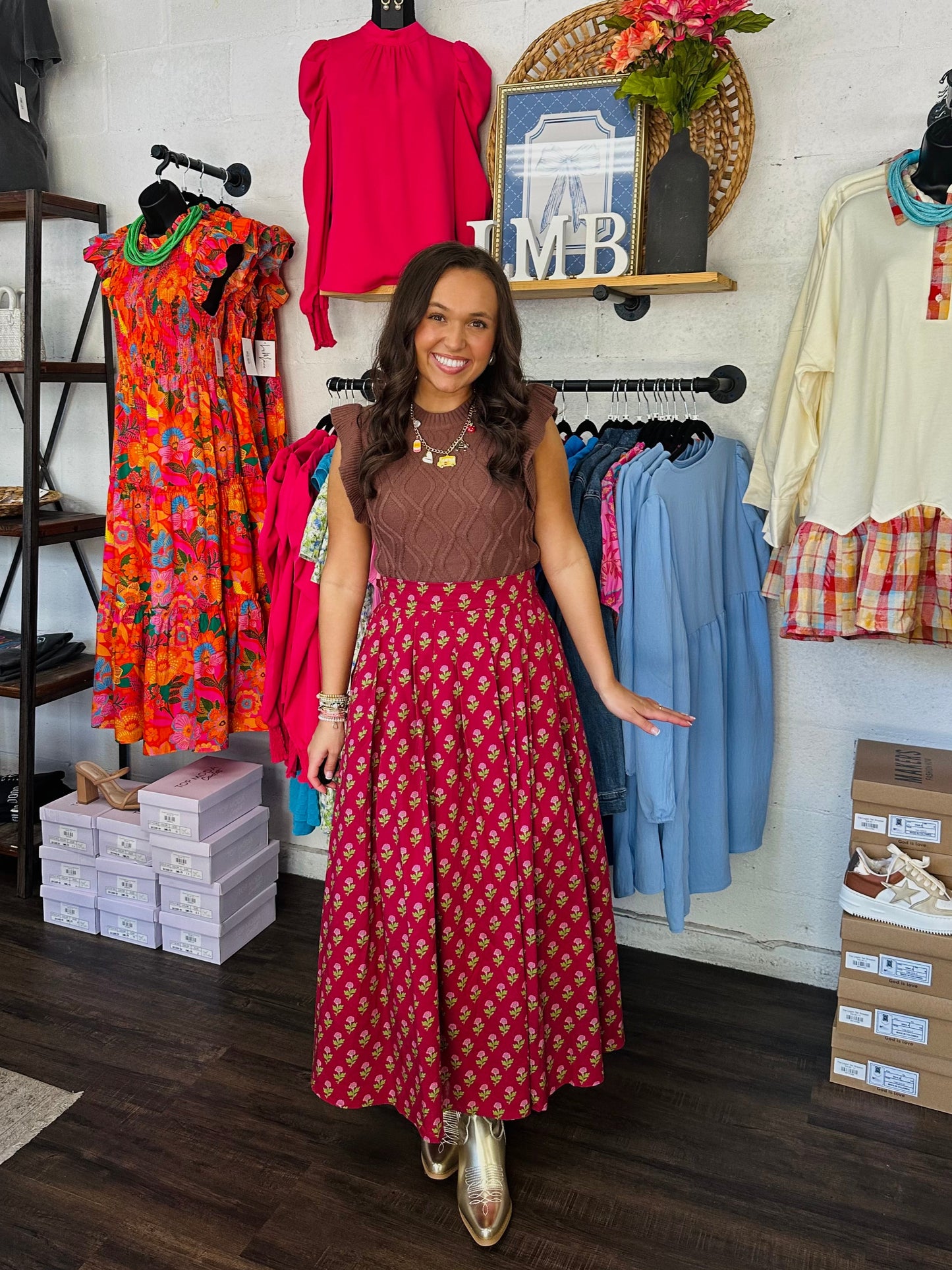 The Austin Burgundy Floral Midi Skirt