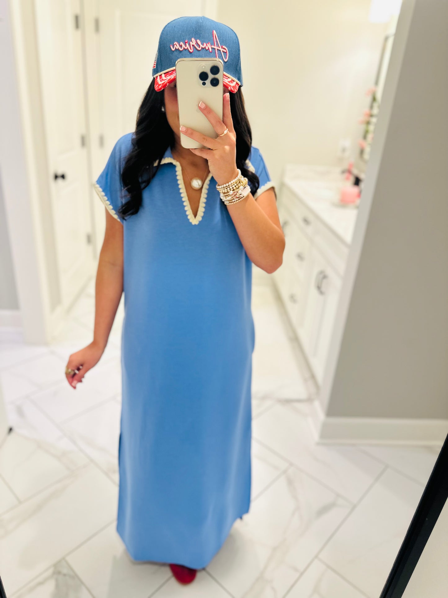 The Sarah Blue Collared Stitch Midi Dress