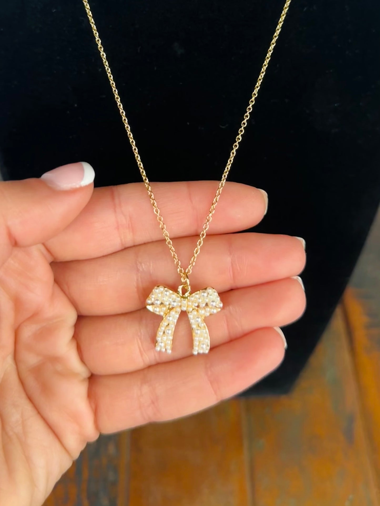 Gold Pearl Bow Pendant Necklace