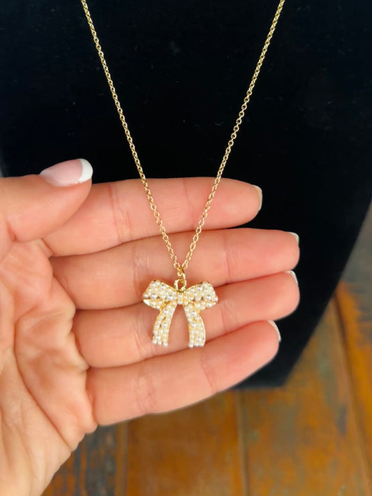 Gold Pearl Bow Pendant Necklace