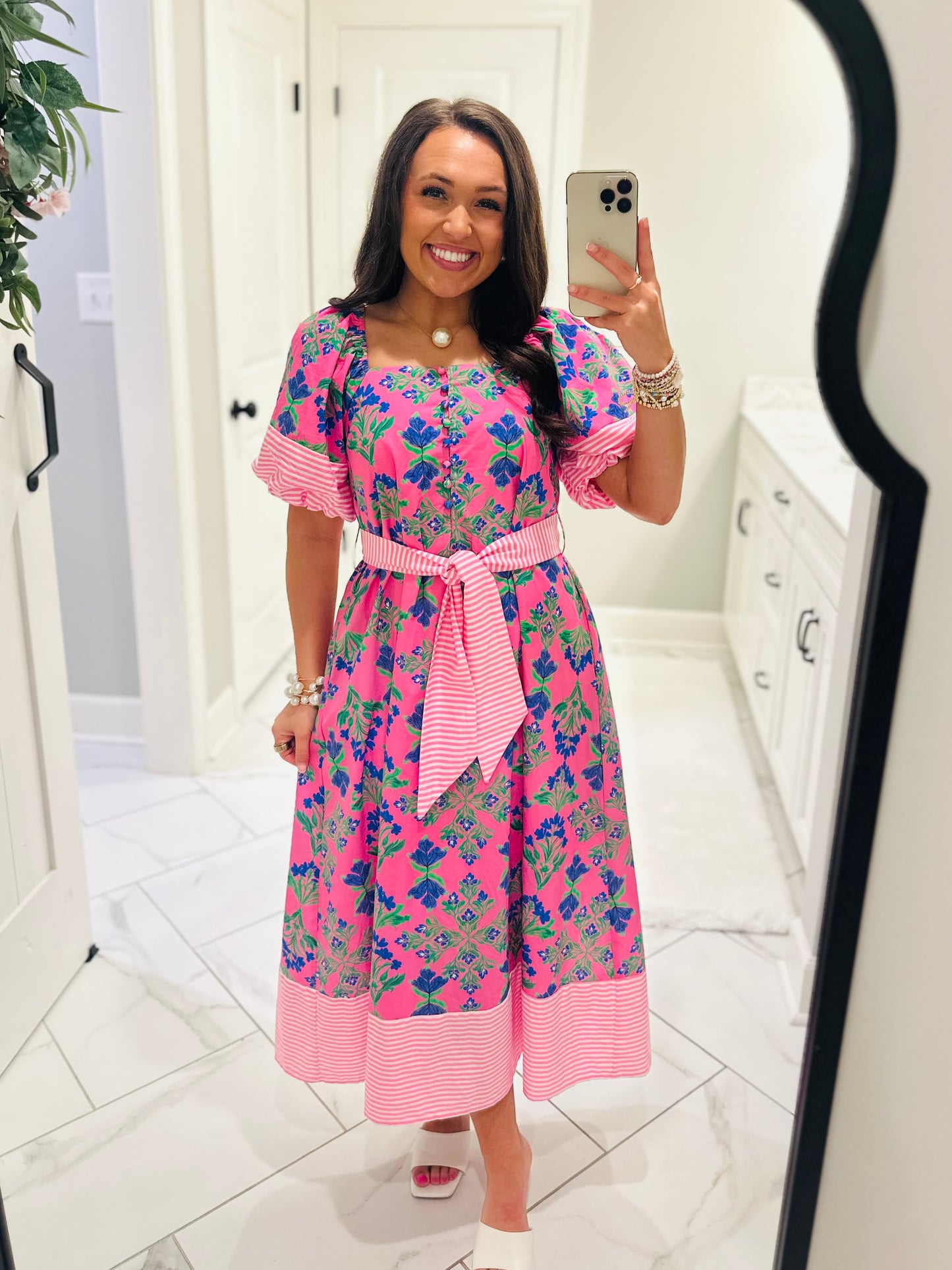 The Harlee Pink Botanical Midi Dress