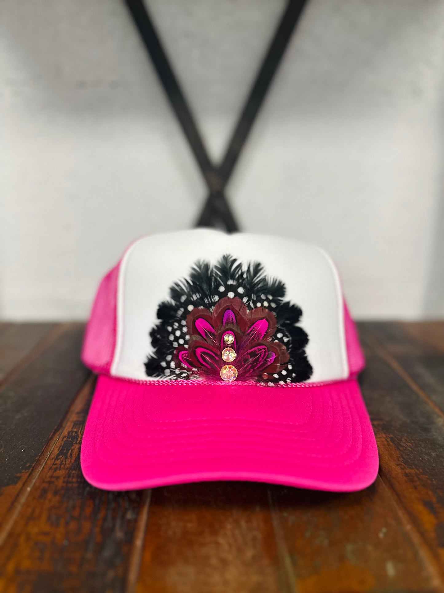 Hot Pink Feather + Trio Diamond Stone Trucker Hat