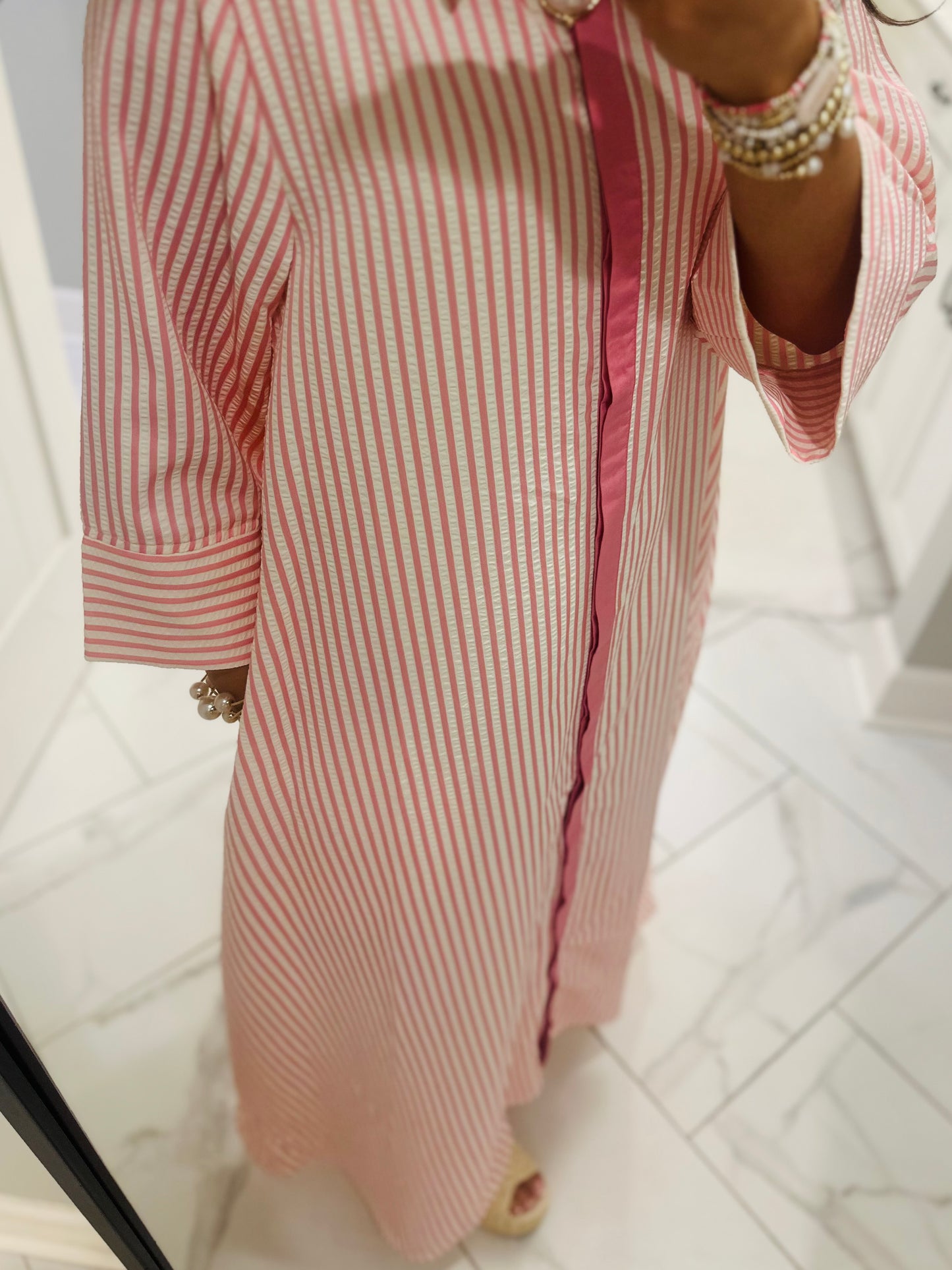 The Nora Pink Striped Midi Dress