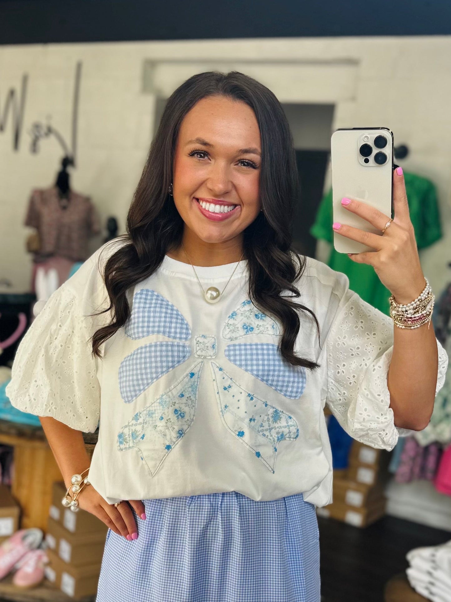 The Brylee Blue Bow Patchwork Top