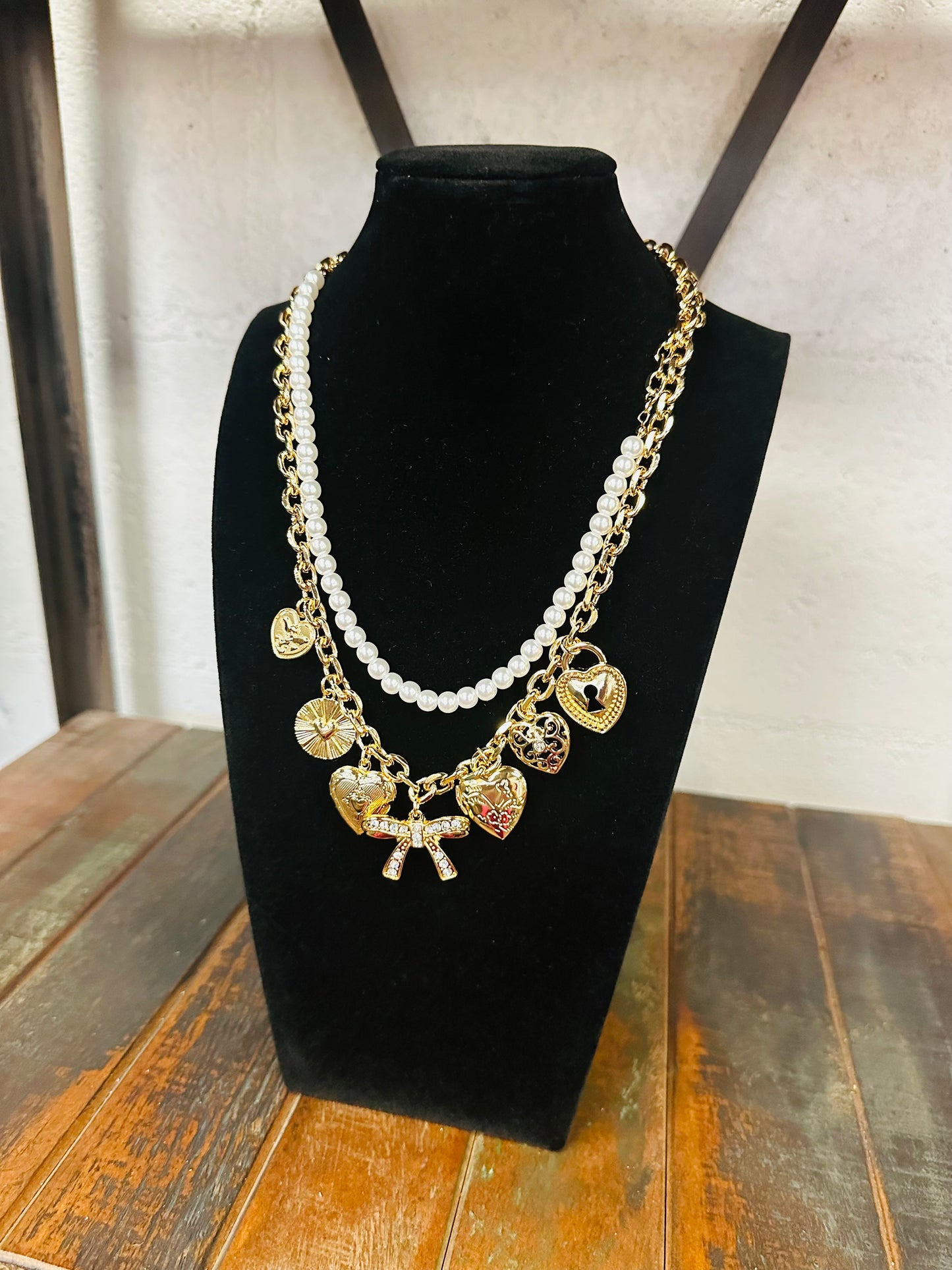 Pearl & Bow Gold Charm Necklace