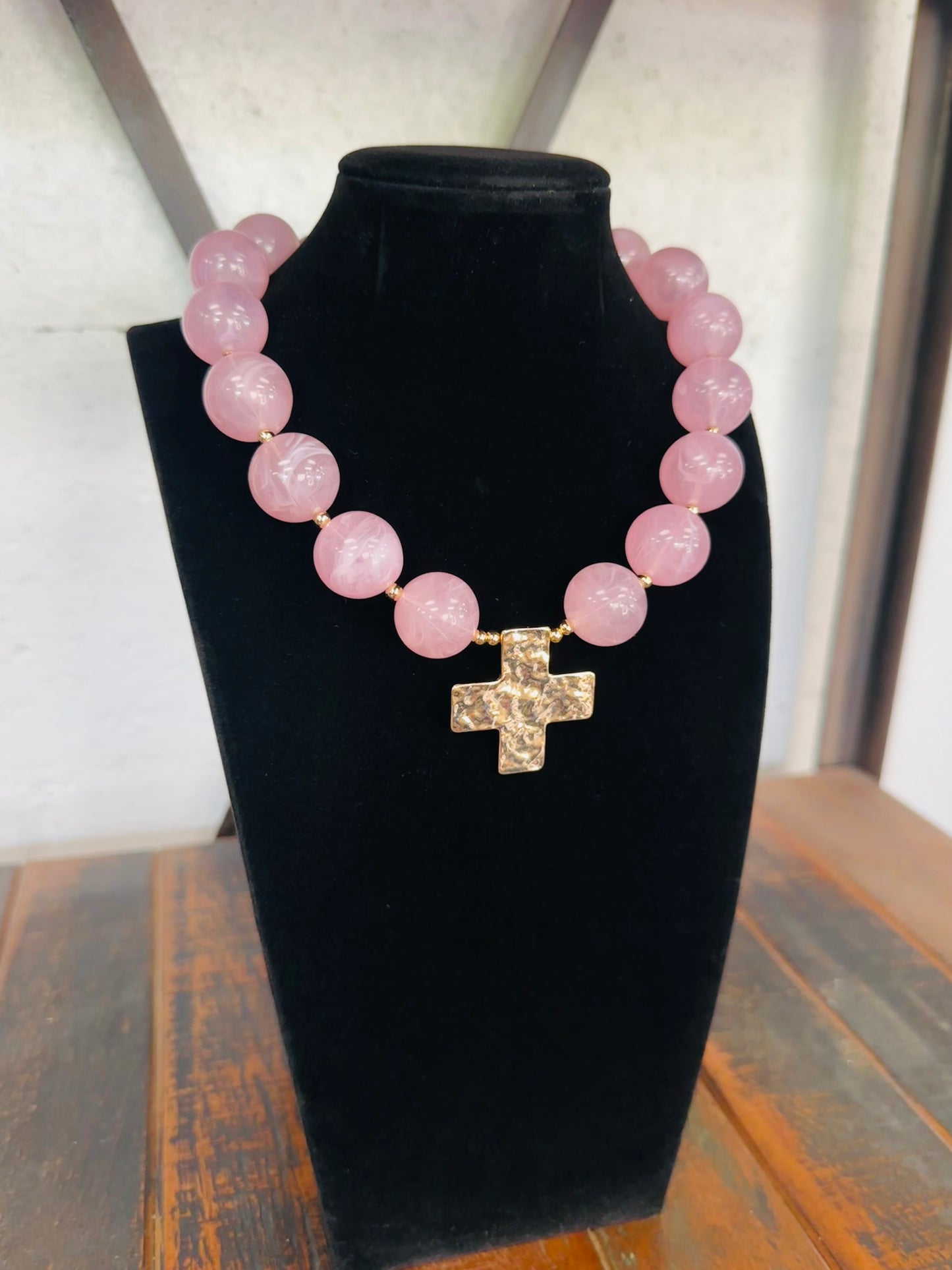 Pink + Gold Cross Pendant Marble Ball Necklace