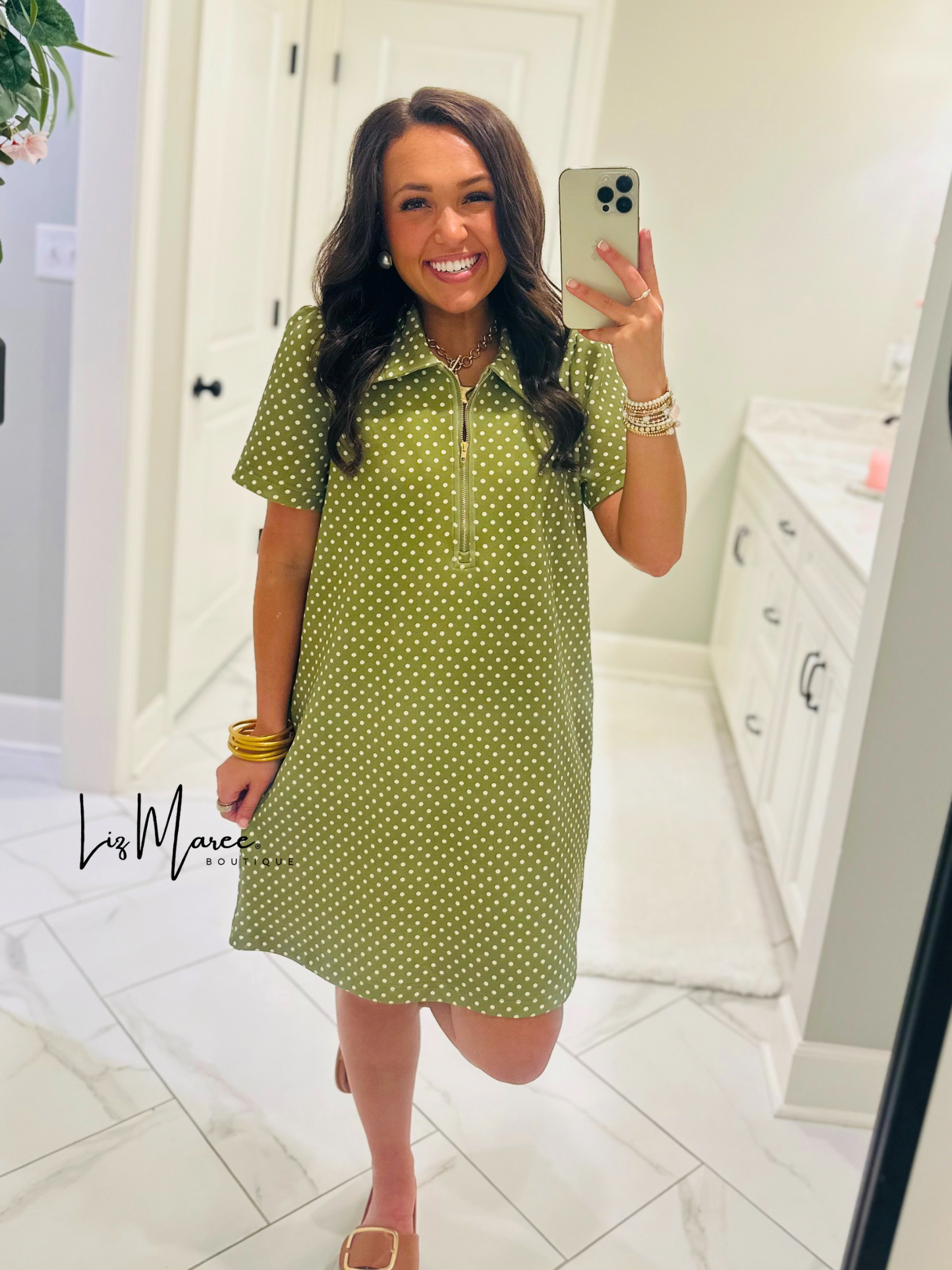 The Hadley Olive Green Polka Dot Quarter Zip Dress