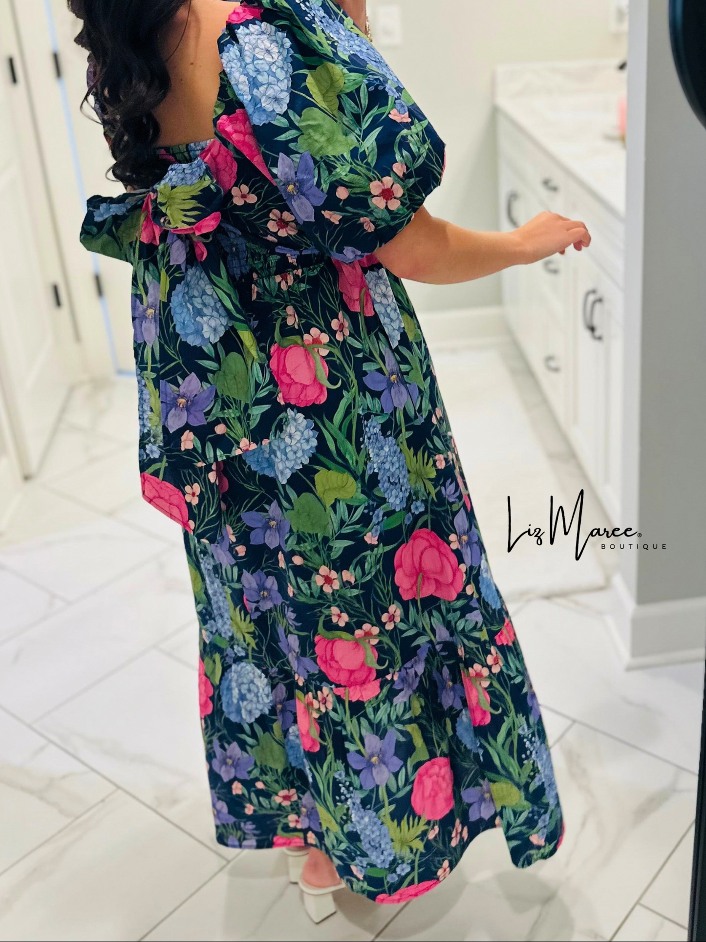 The Danyale Navy Floral Bow Midi Dress