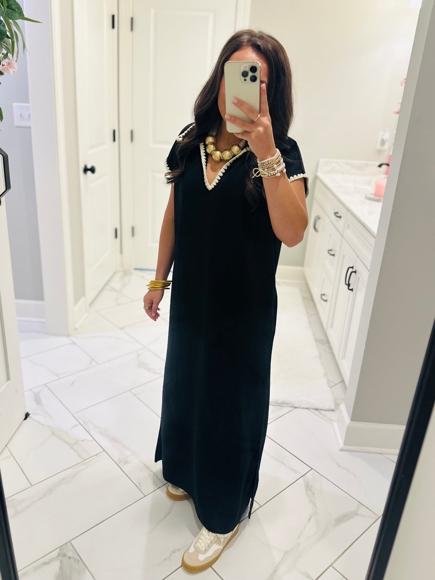 The Sarah Black Collared Stitch Midi Dress