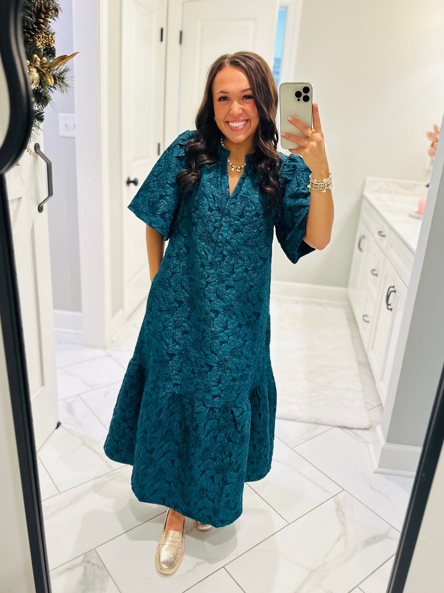 The Ada Emerald Jacquard Floral Midi Dress