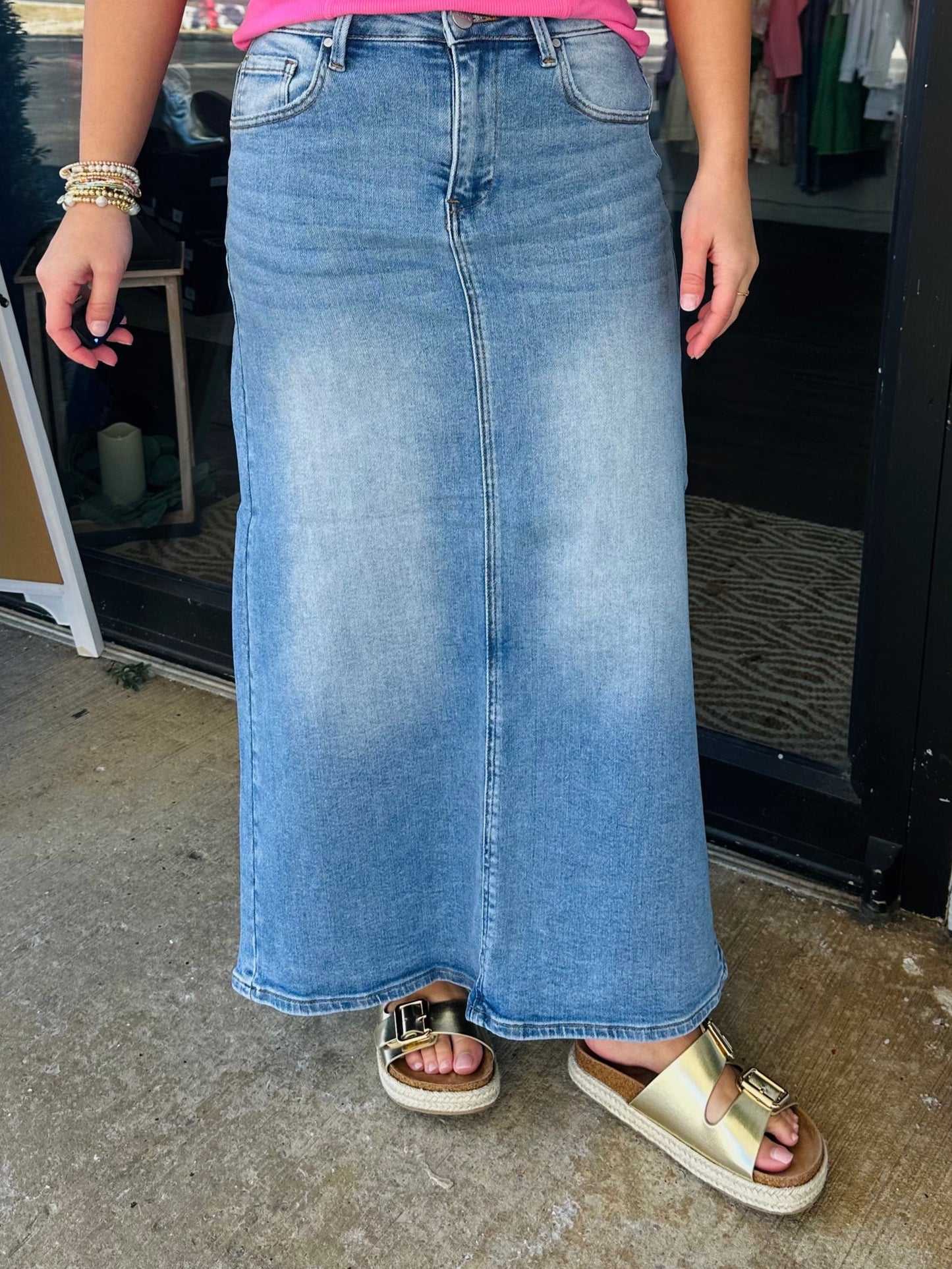 The Medium Wash High Rise Back Slit Long Denim Skirt