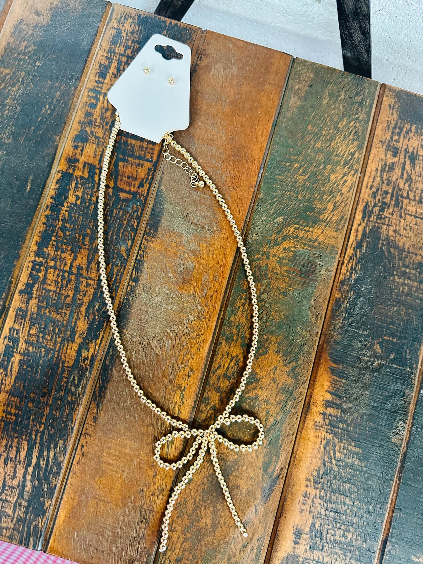 Gold Coquette Bow Beaded Necklace