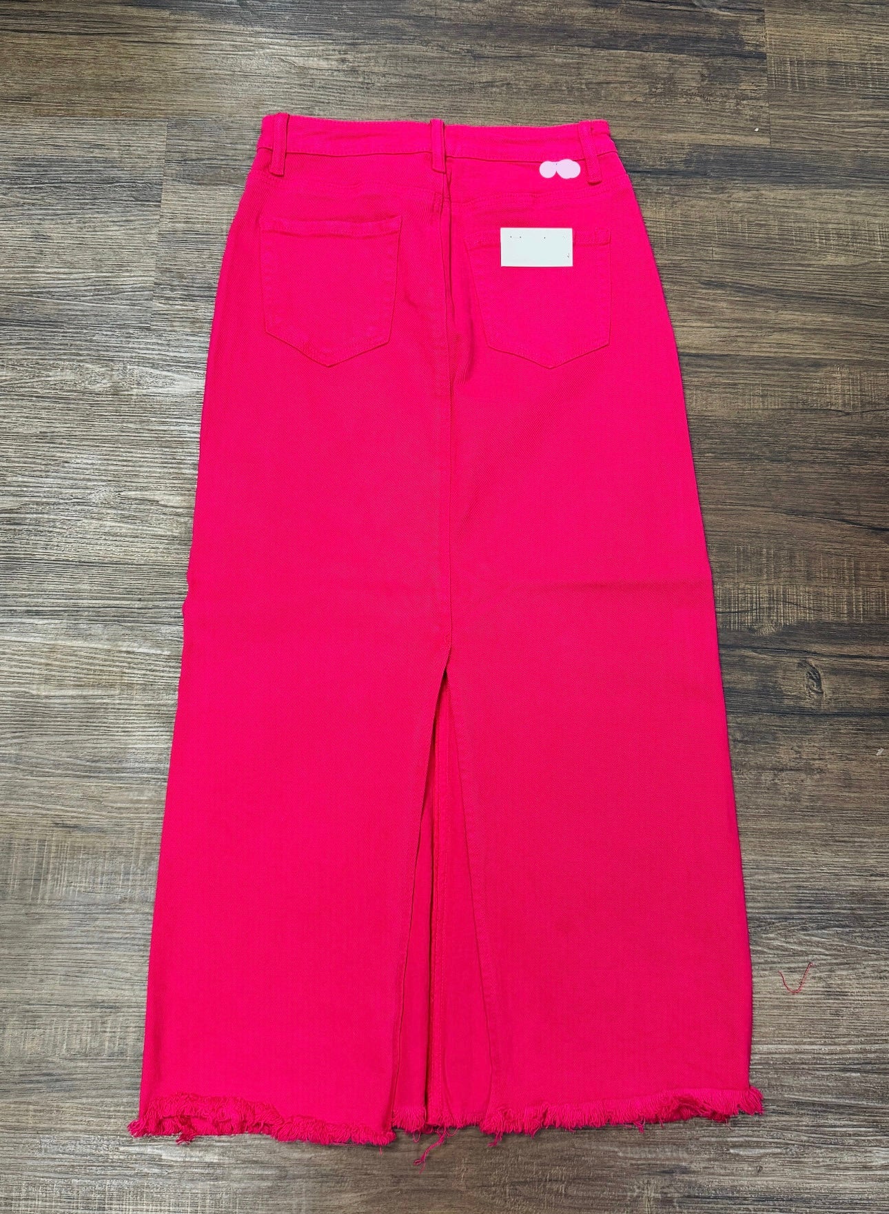 The High Rise Fuchsia Frayed Long Denim Skirt