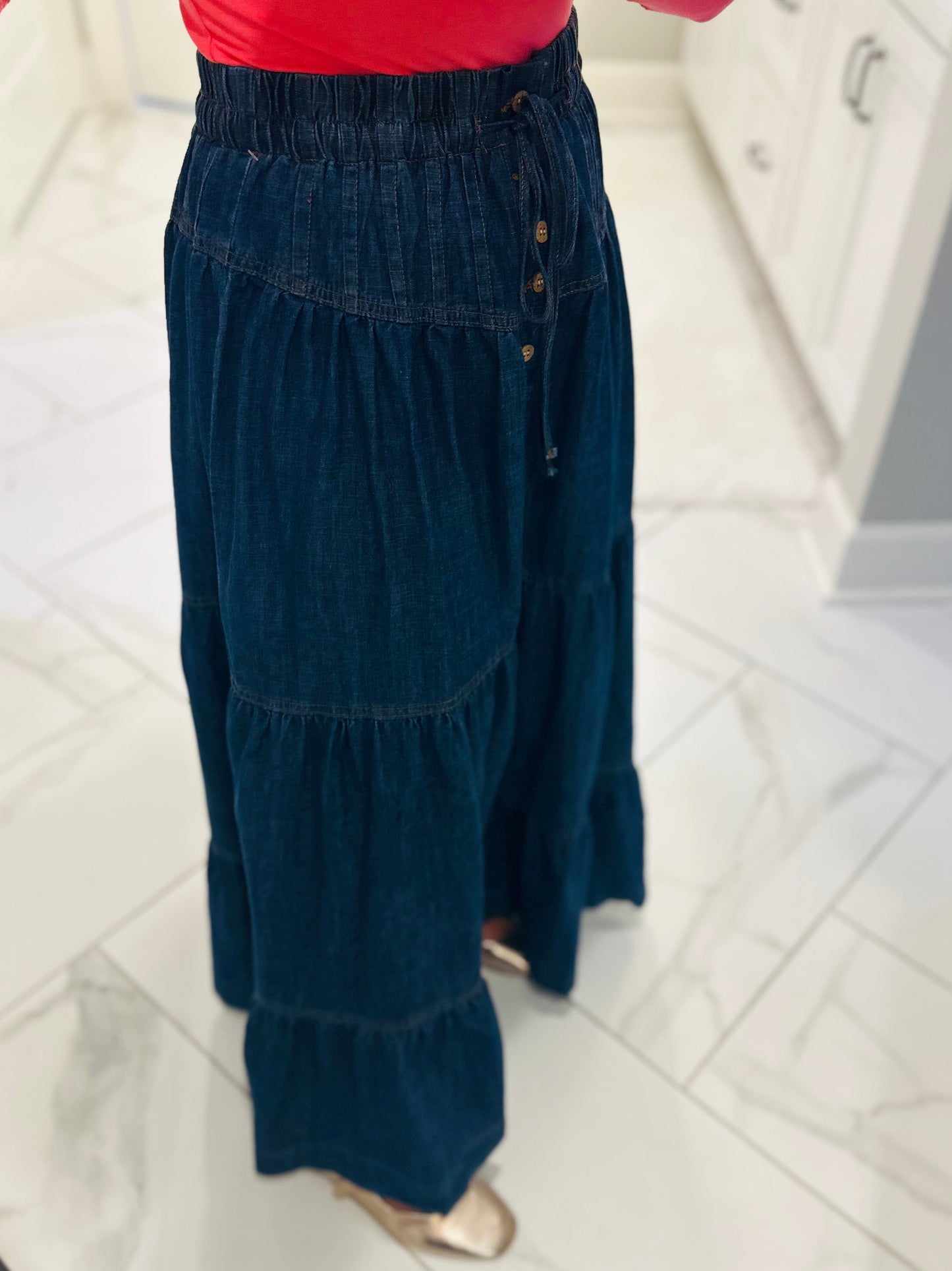 The Mamie Front Button Down Long Denim Skirt