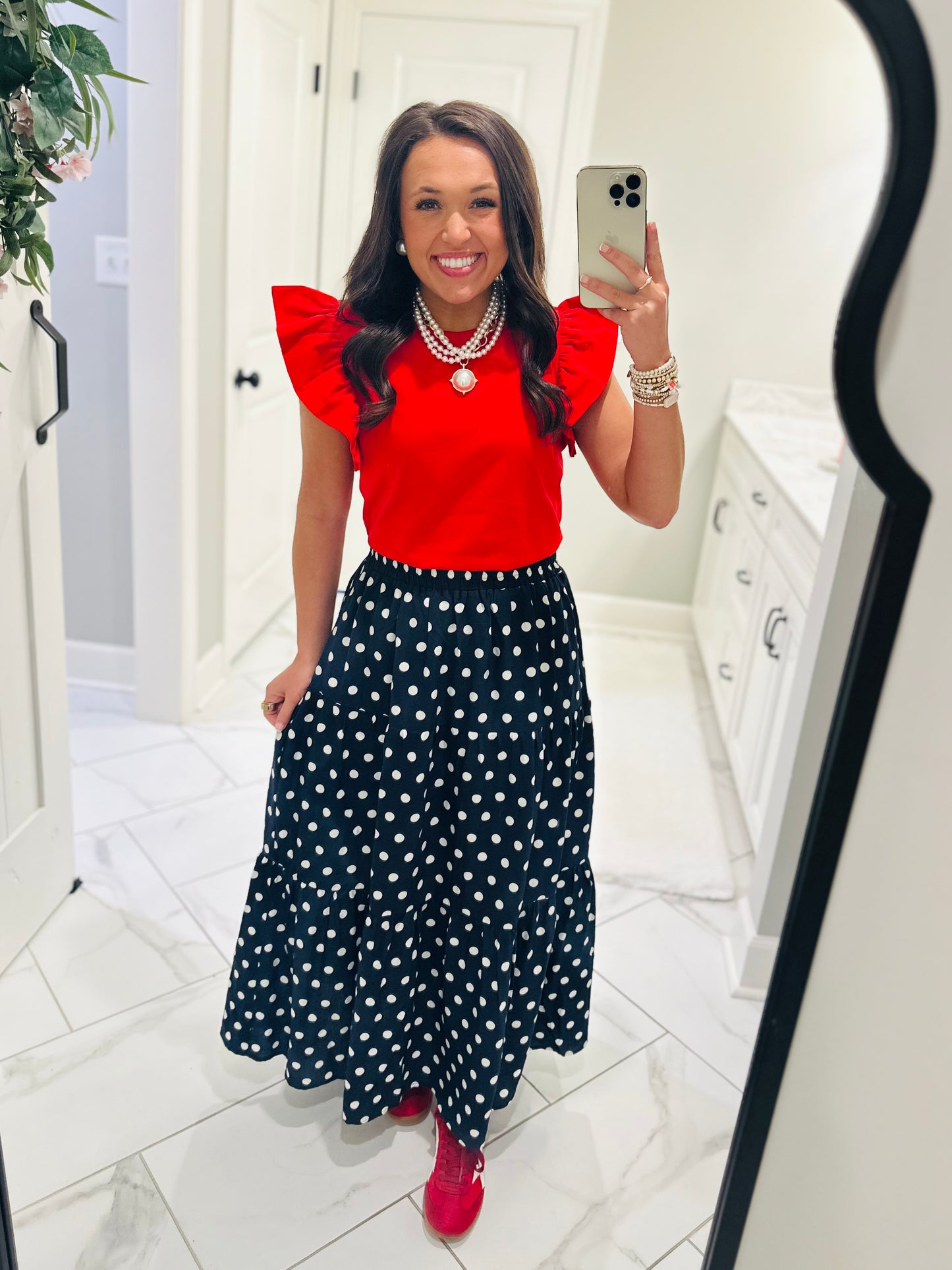 The Nanci Navy Polka Dot Tiered Midi Skirt