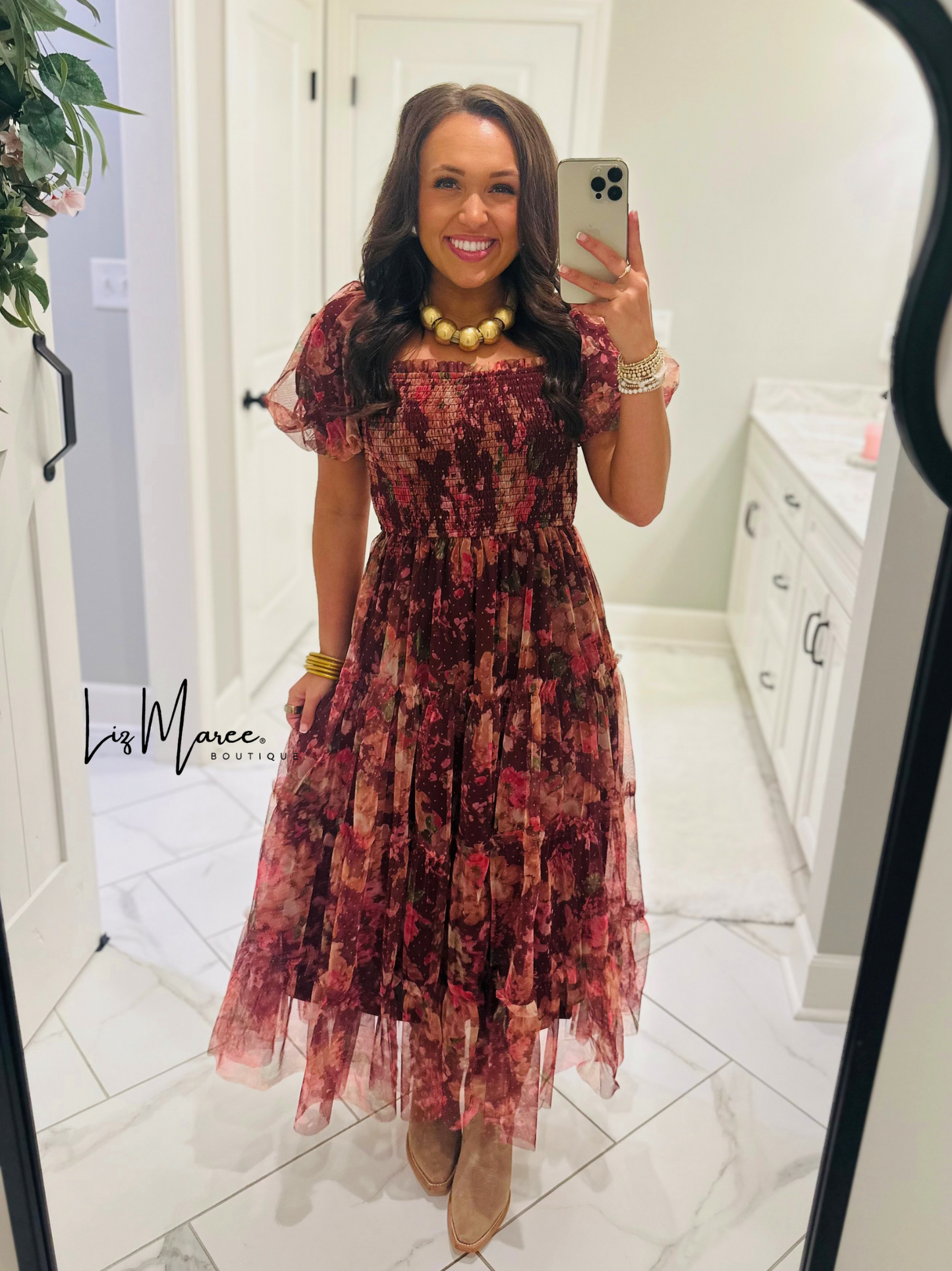 The Halston Burgundy Floral Polka Dot Midi Dress