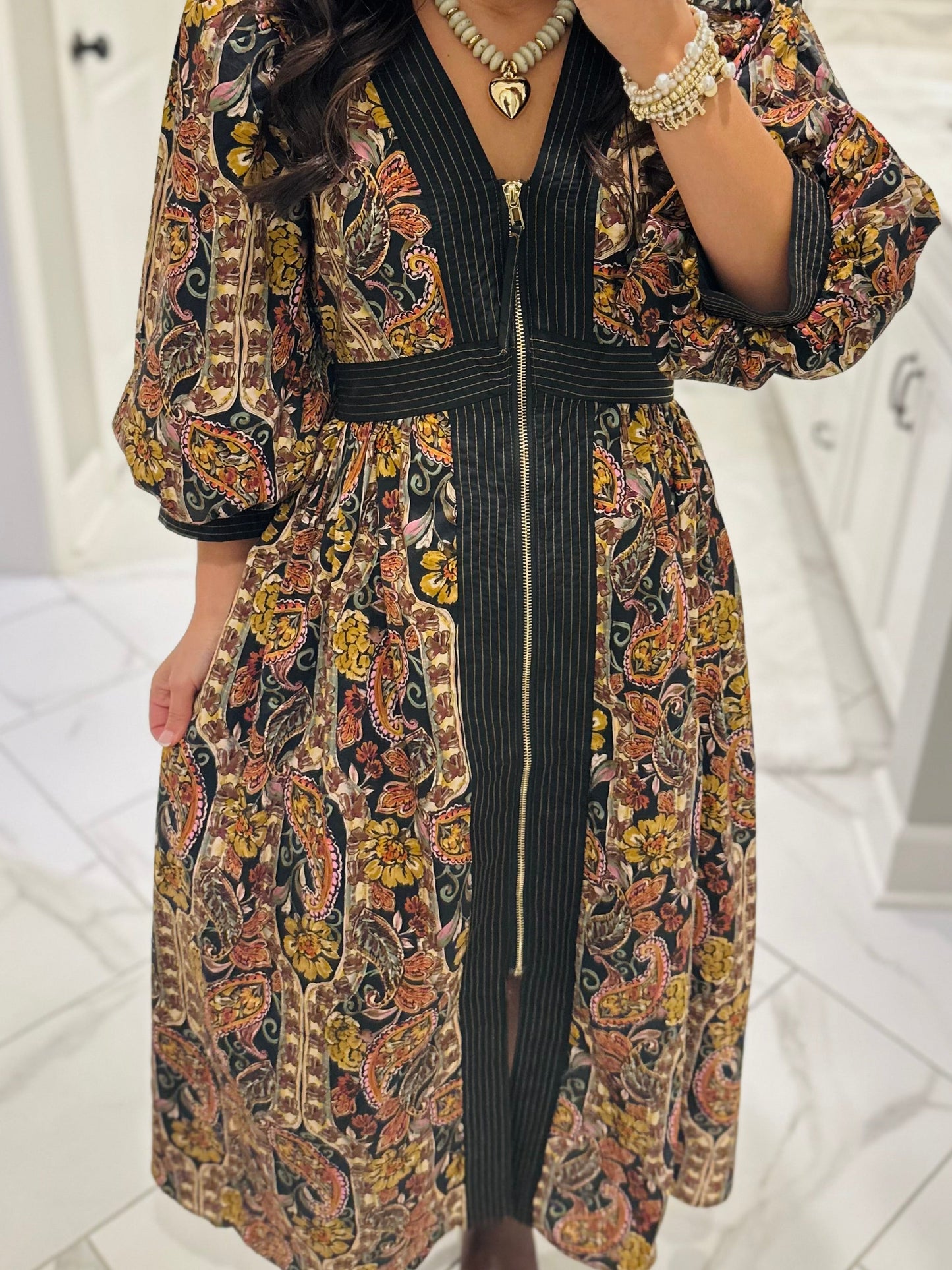 The Libby Black Floral Paisley Midi Dress