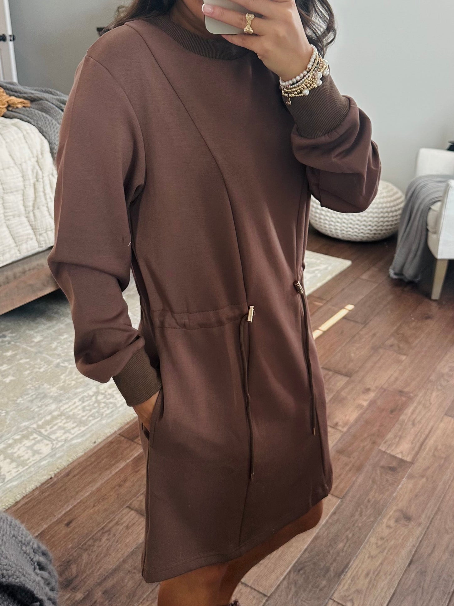 The Mocha Jersey Knit Long Sleeve Drawstring Dress