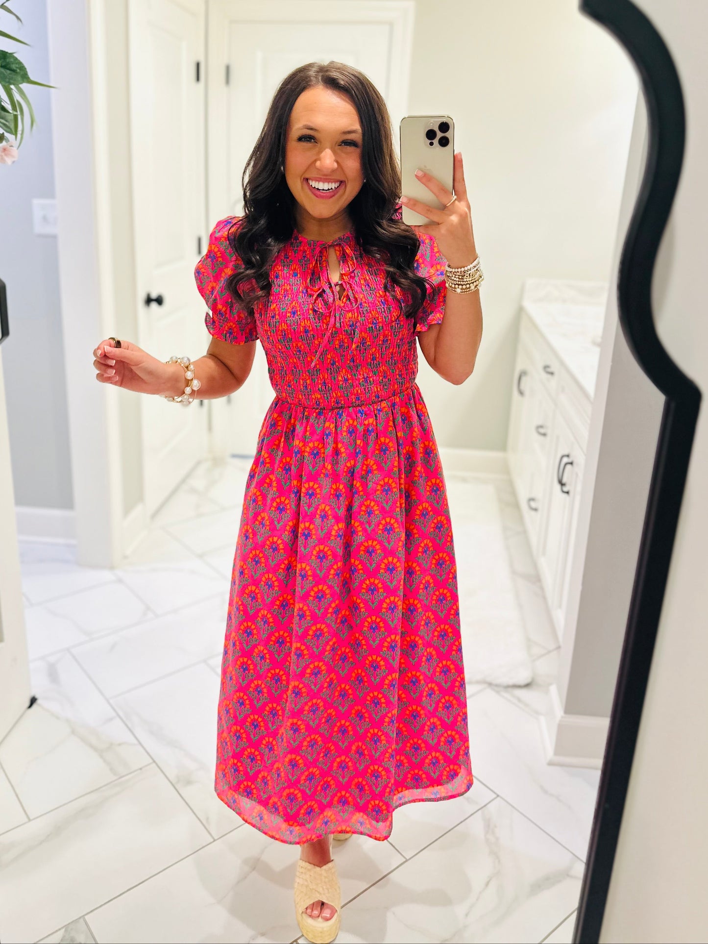 The Tamry Pink Smocked Midi Dress