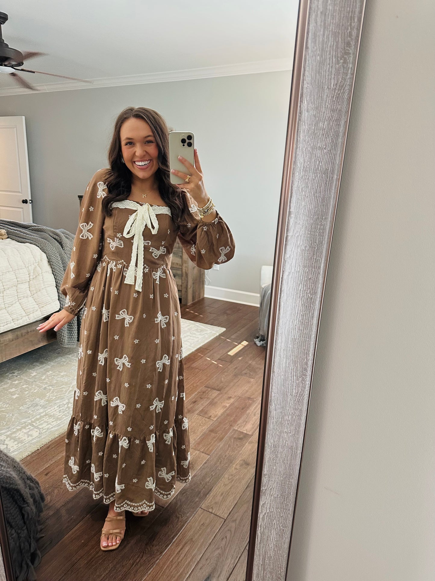 The Bruna Brown Bow Embroidered Midi Dress