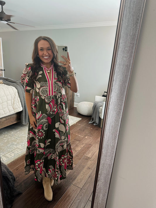 The Anne Olive Green + Pink Midi Dress