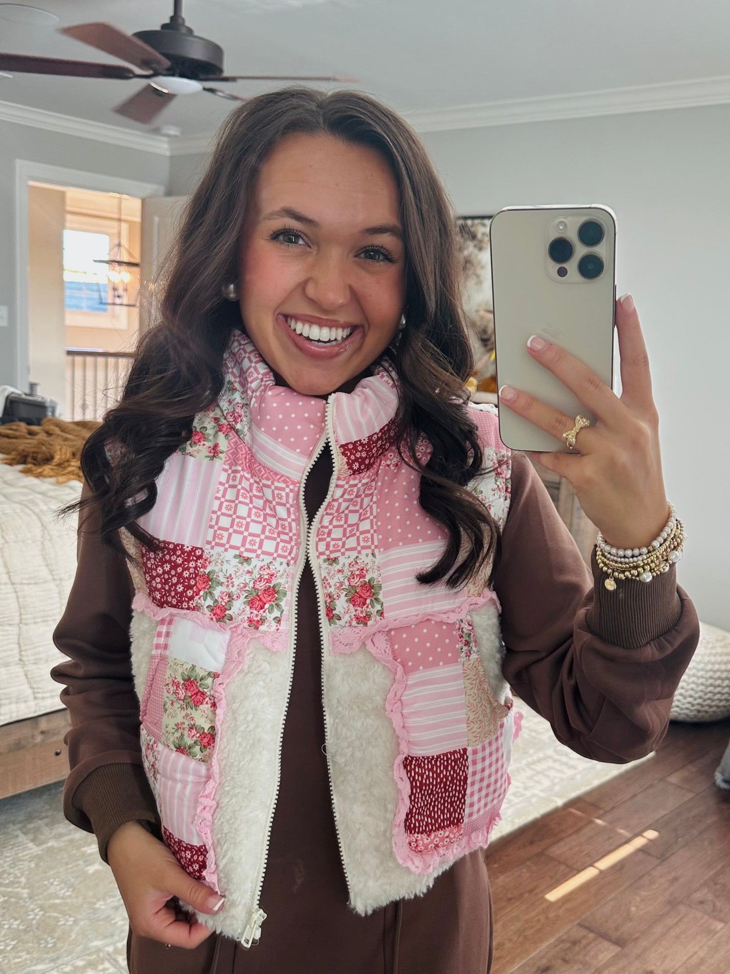 The Winnie Pink Patchwork Ruffle Sherpa Vest