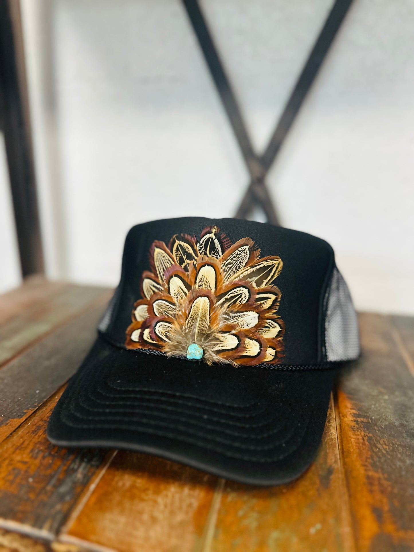 Black Feather + Turquoise Stone Trucker Hat