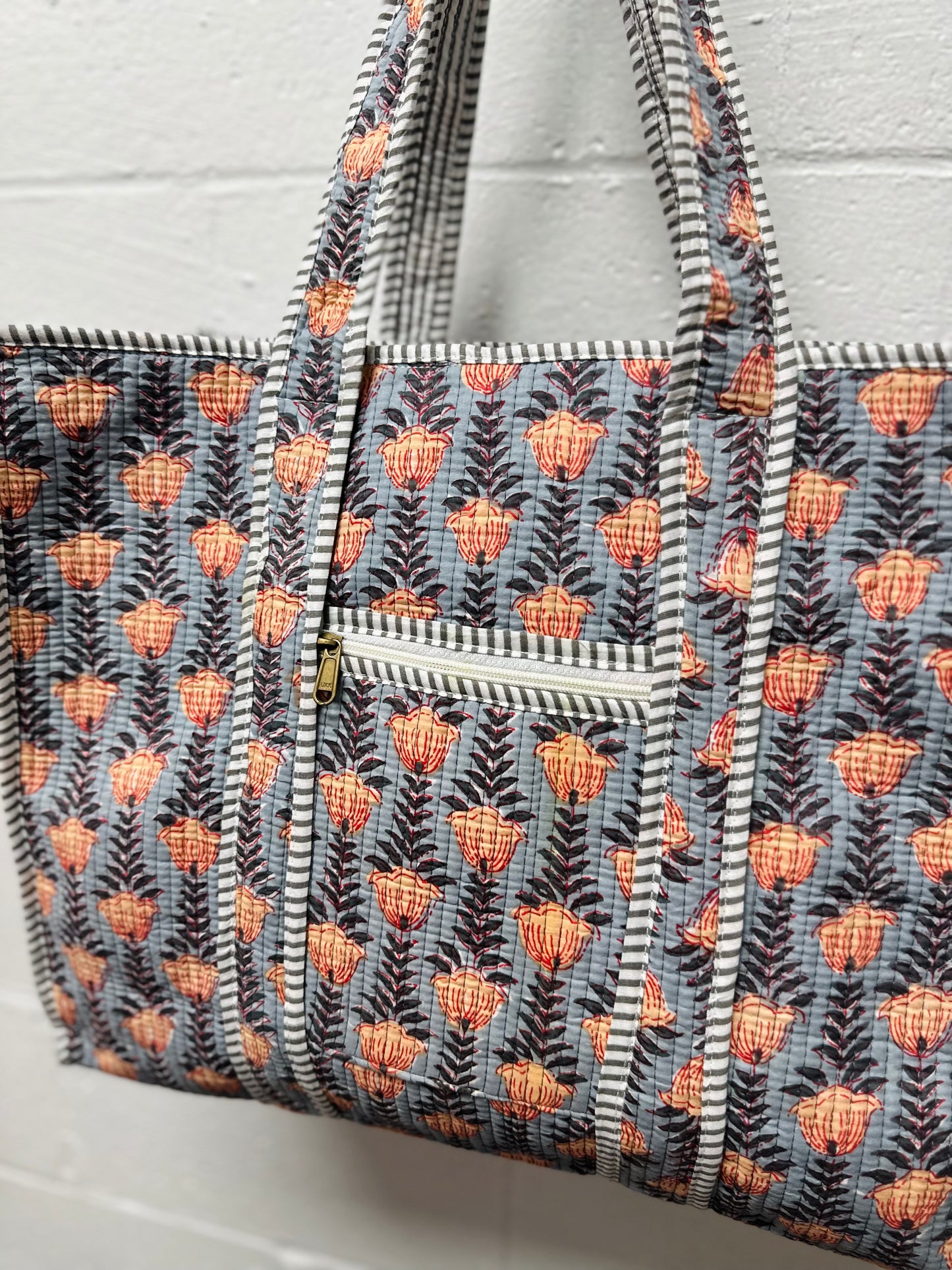 The Gray & Orange Floral Quilted Tote Bag