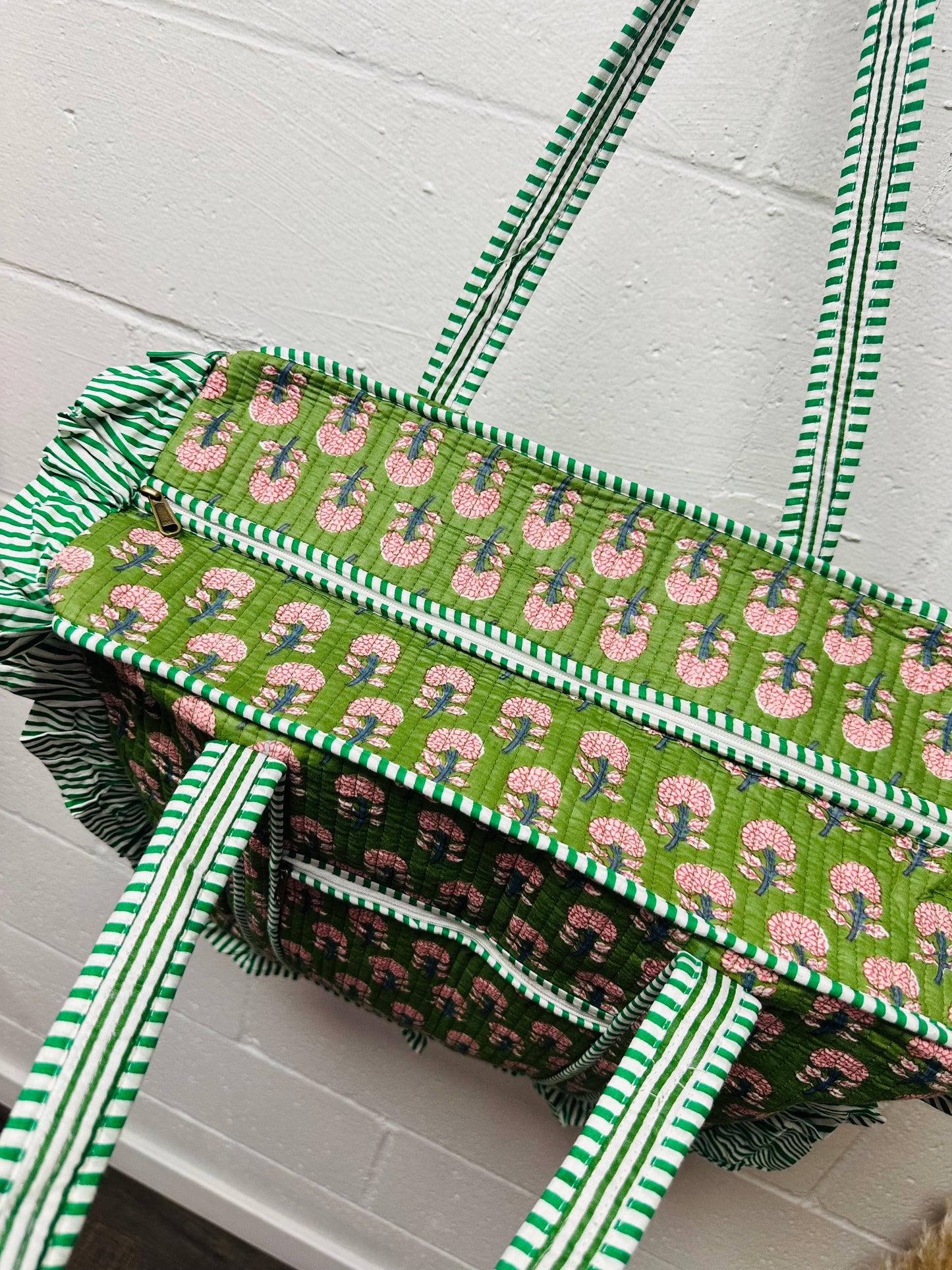 The Green Vintage Floral Ruffle Quilted Tote Bag