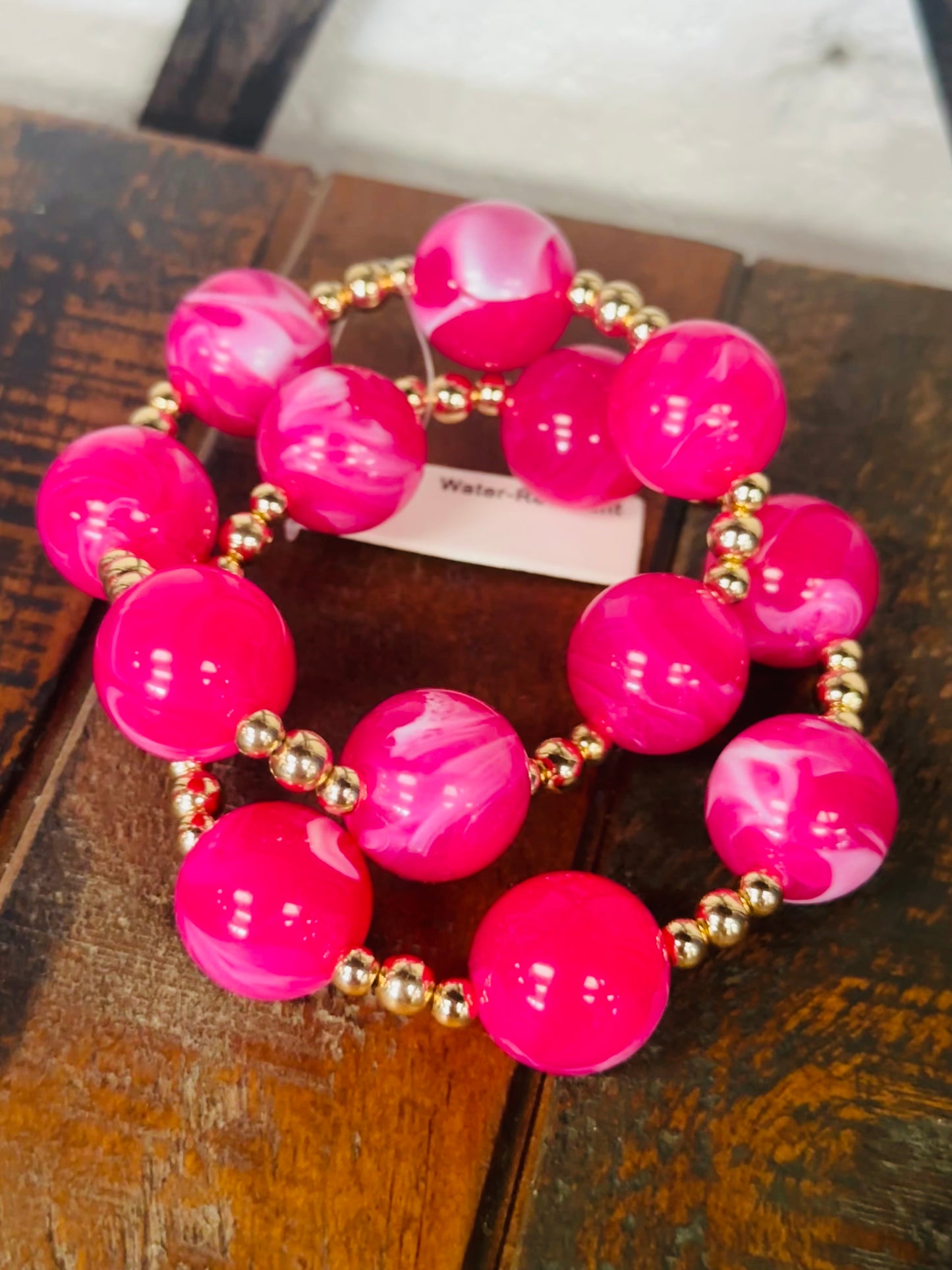 Fuchsia + Gold Marble Ball Bracelet Set