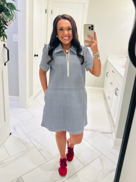The Lee Navy Gingham Quarter Zip Dress