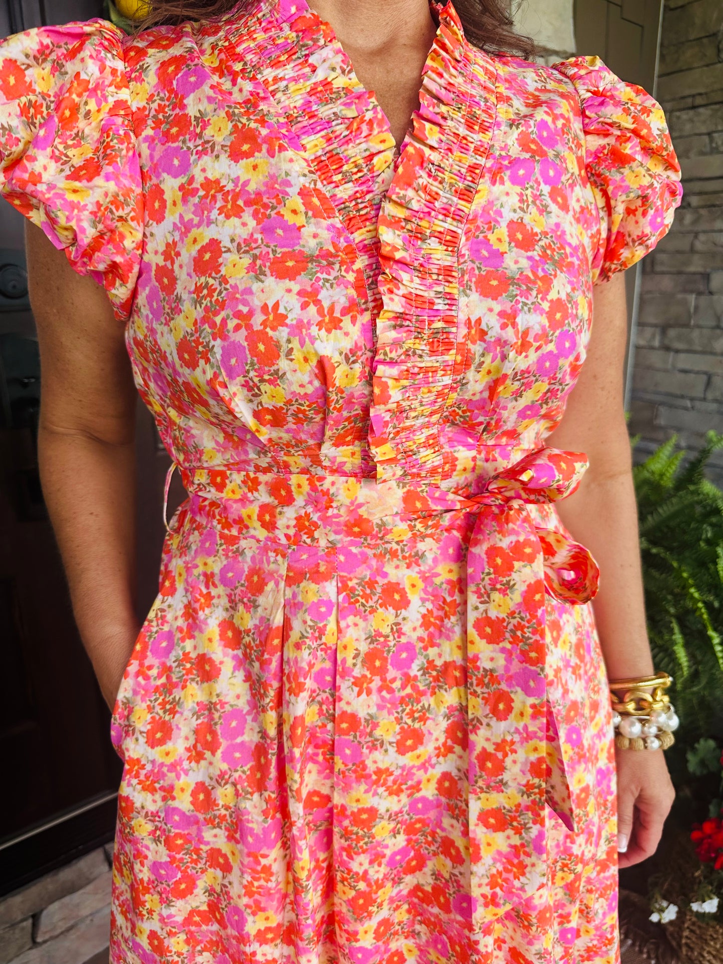 The Maree Pink + Orange Floral Midi Dress